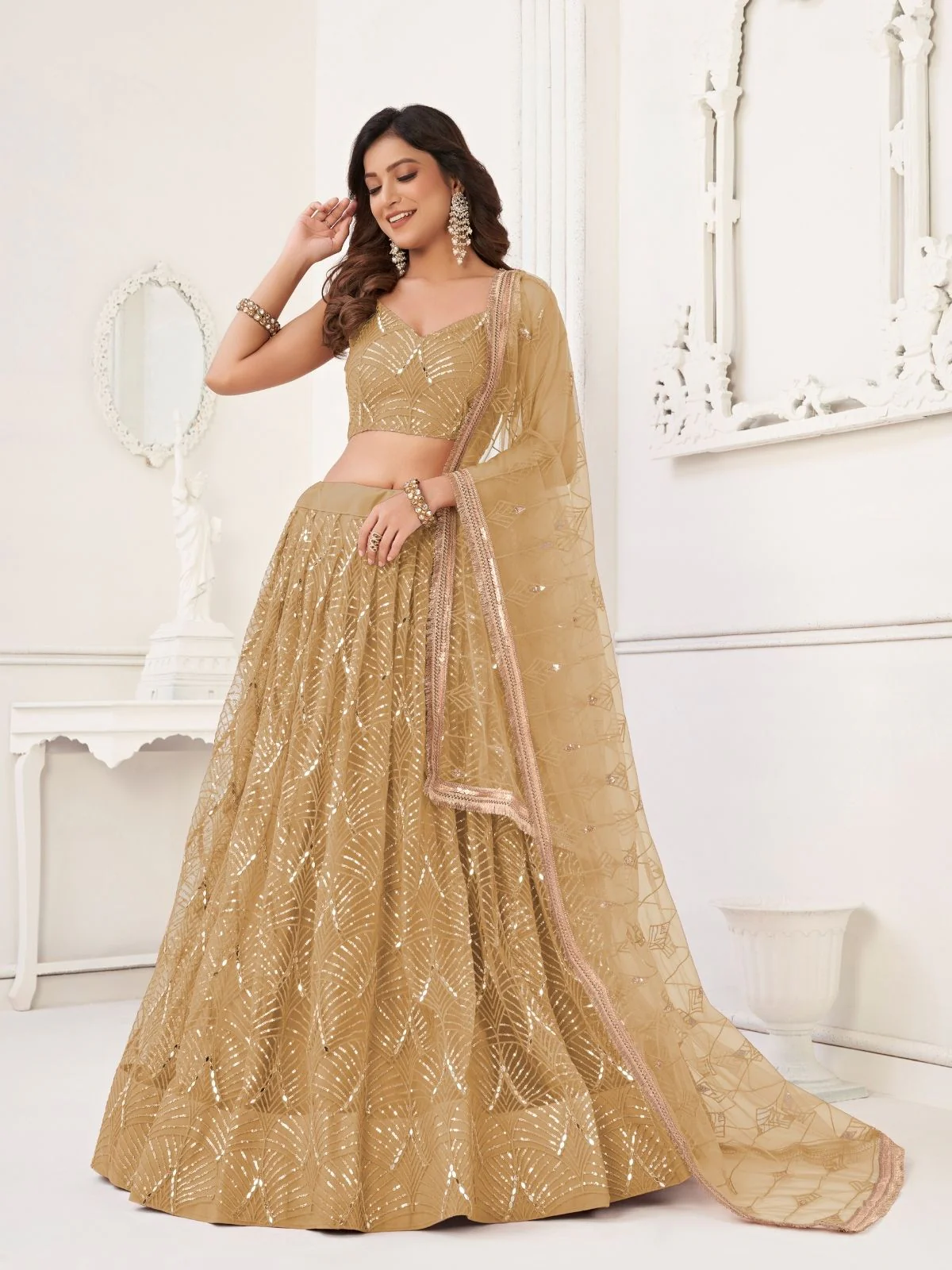 Odette Beige Net Embroidered Semi Stitched Lehenga For Women - Image 2