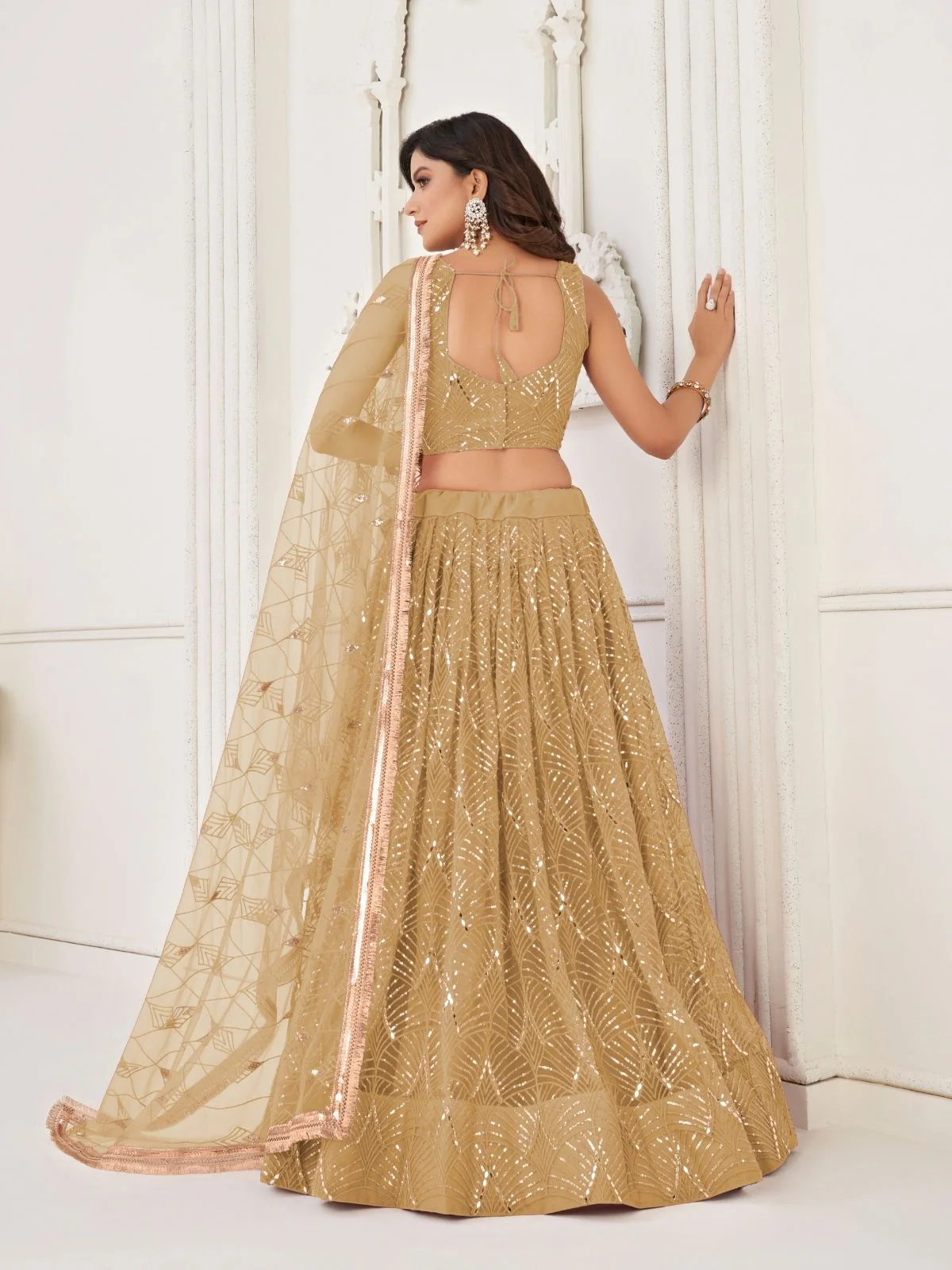 Odette Beige Net Embroidered Semi Stitched Lehenga For Women - Image 3