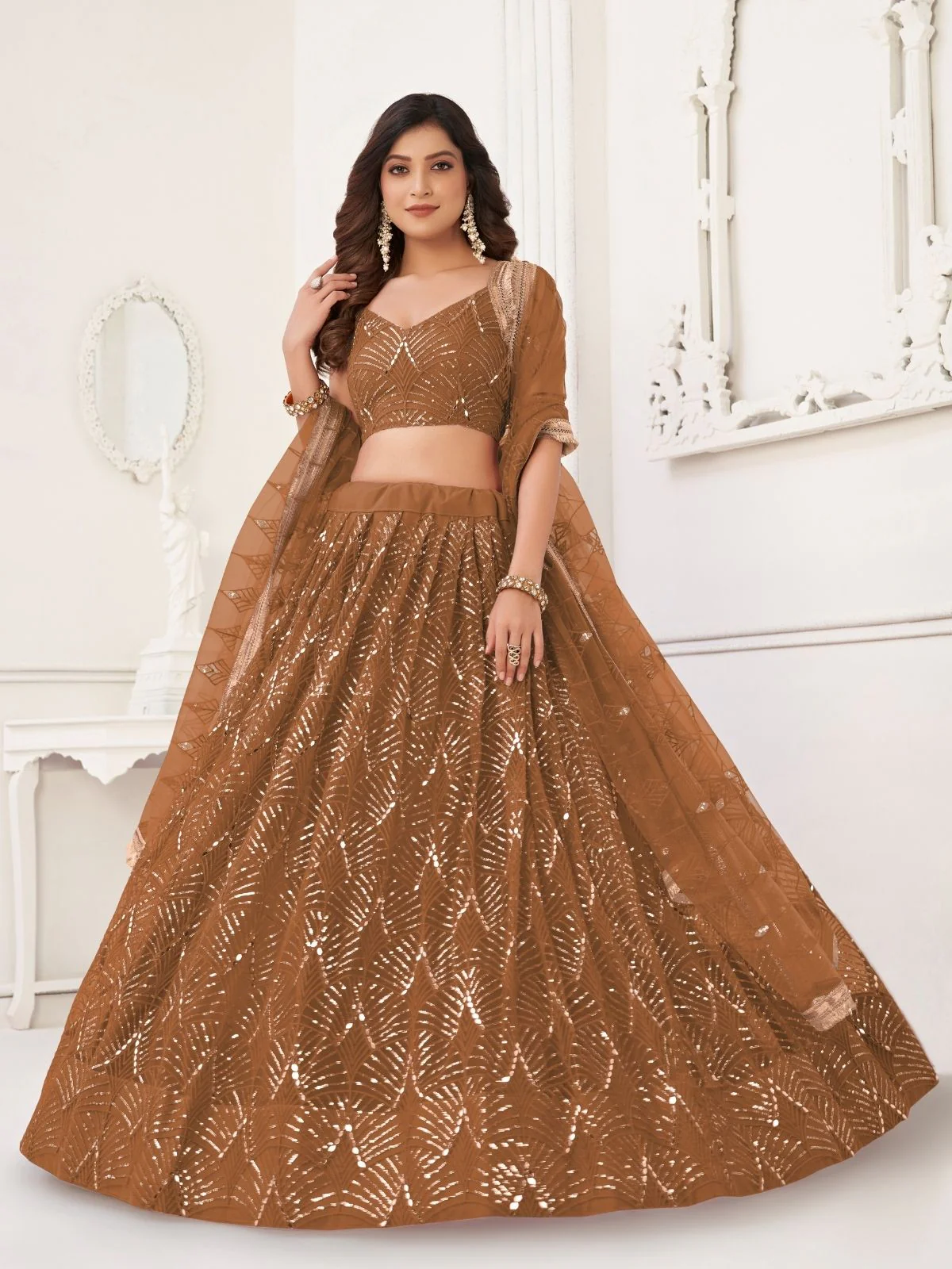 Odette Beige Net Embroidered Semi Stitched Lehenga For Women
