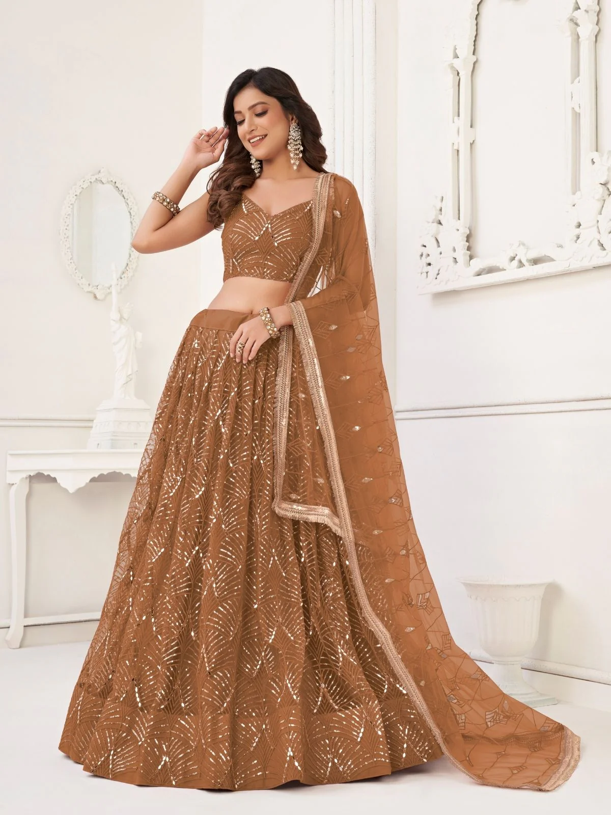 Odette Beige Net Embroidered Semi Stitched Lehenga For Women - Image 2