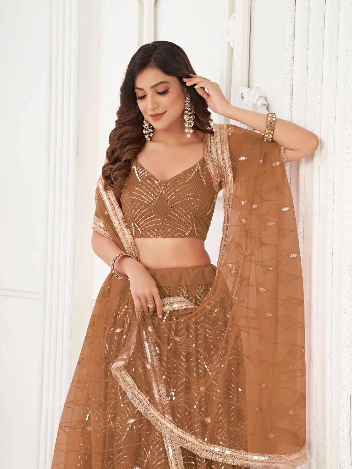 Odette Beige Net Embroidered Semi Stitched Lehenga For Women - Image 4