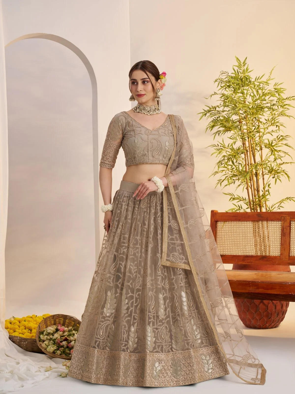 Odette Beige Net Embroidered Semi Stitched Lehenga For Women - Image 2