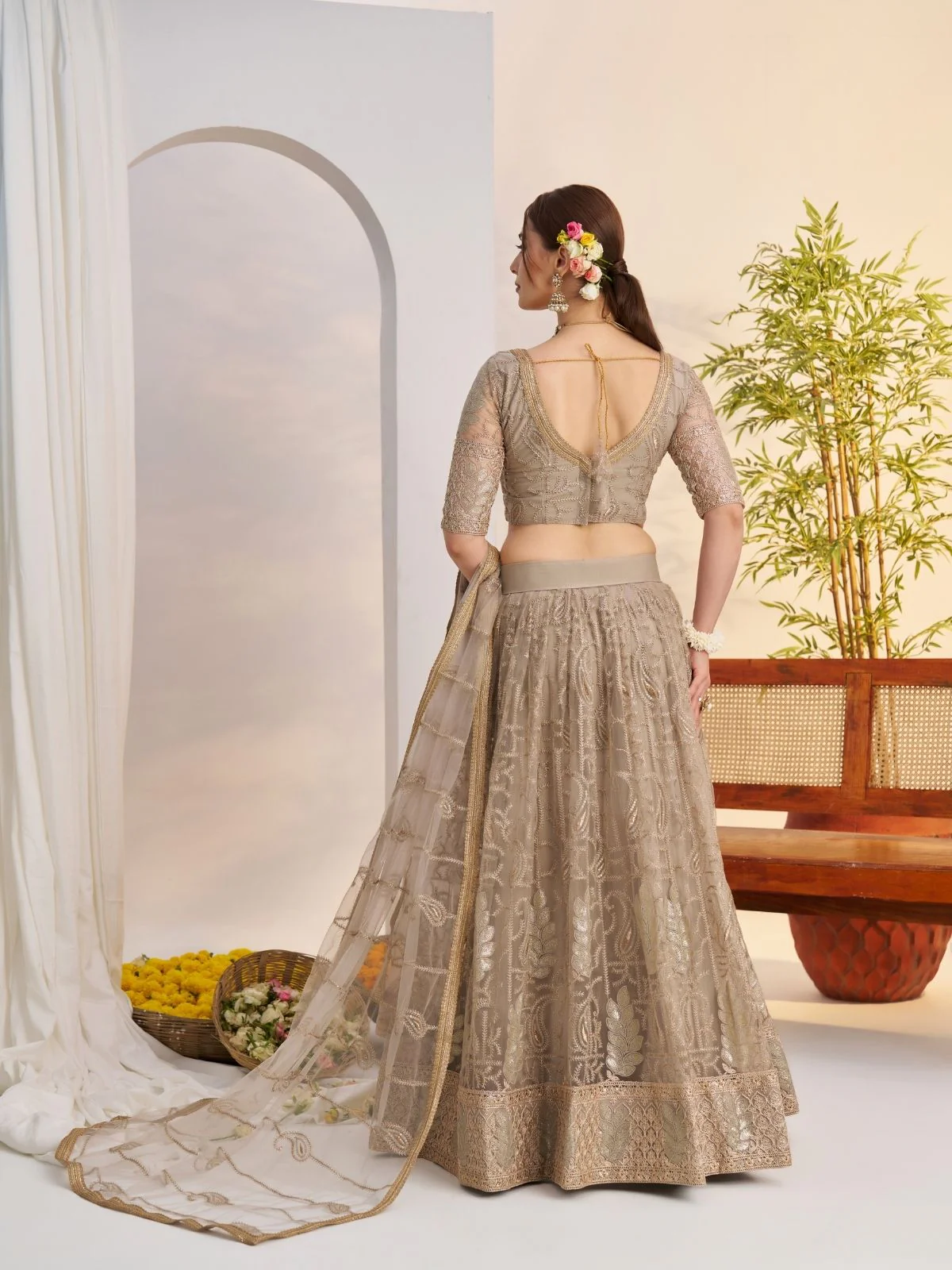 Odette Beige Net Embroidered Semi Stitched Lehenga For Women - Image 3