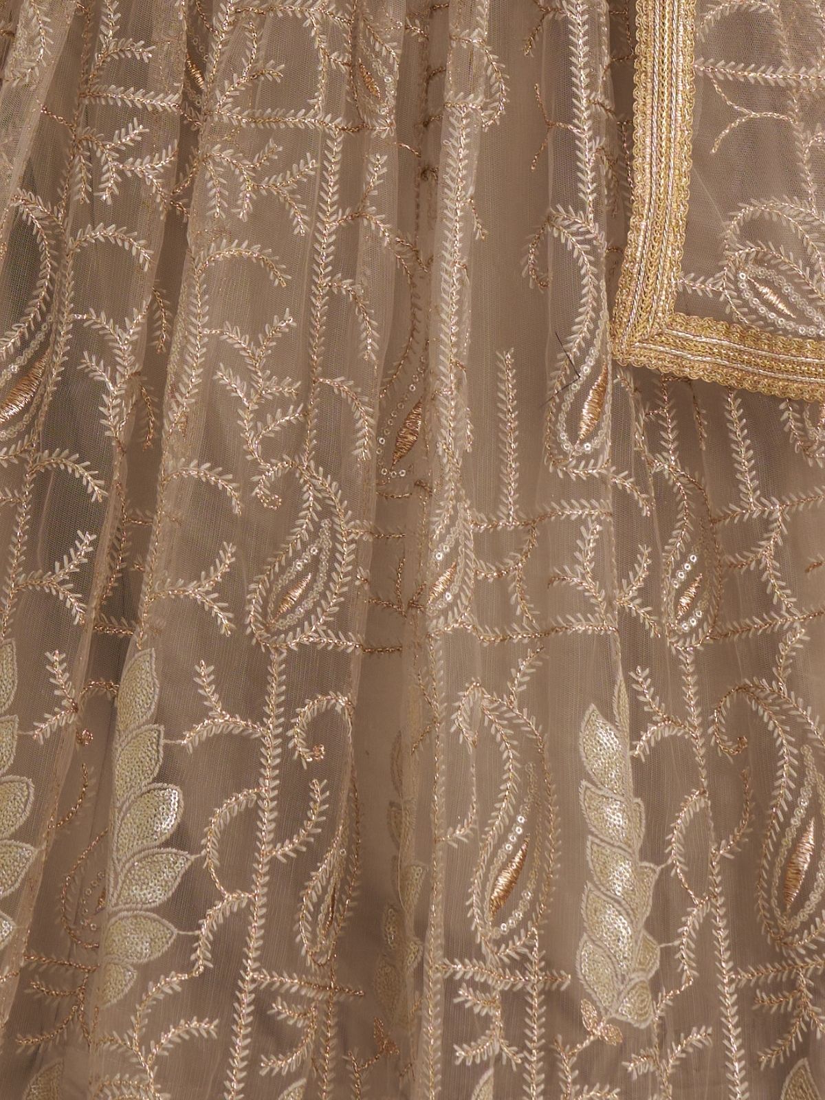 Odette Beige Net Embroidered Semi Stitched Lehenga For Women - Image 5