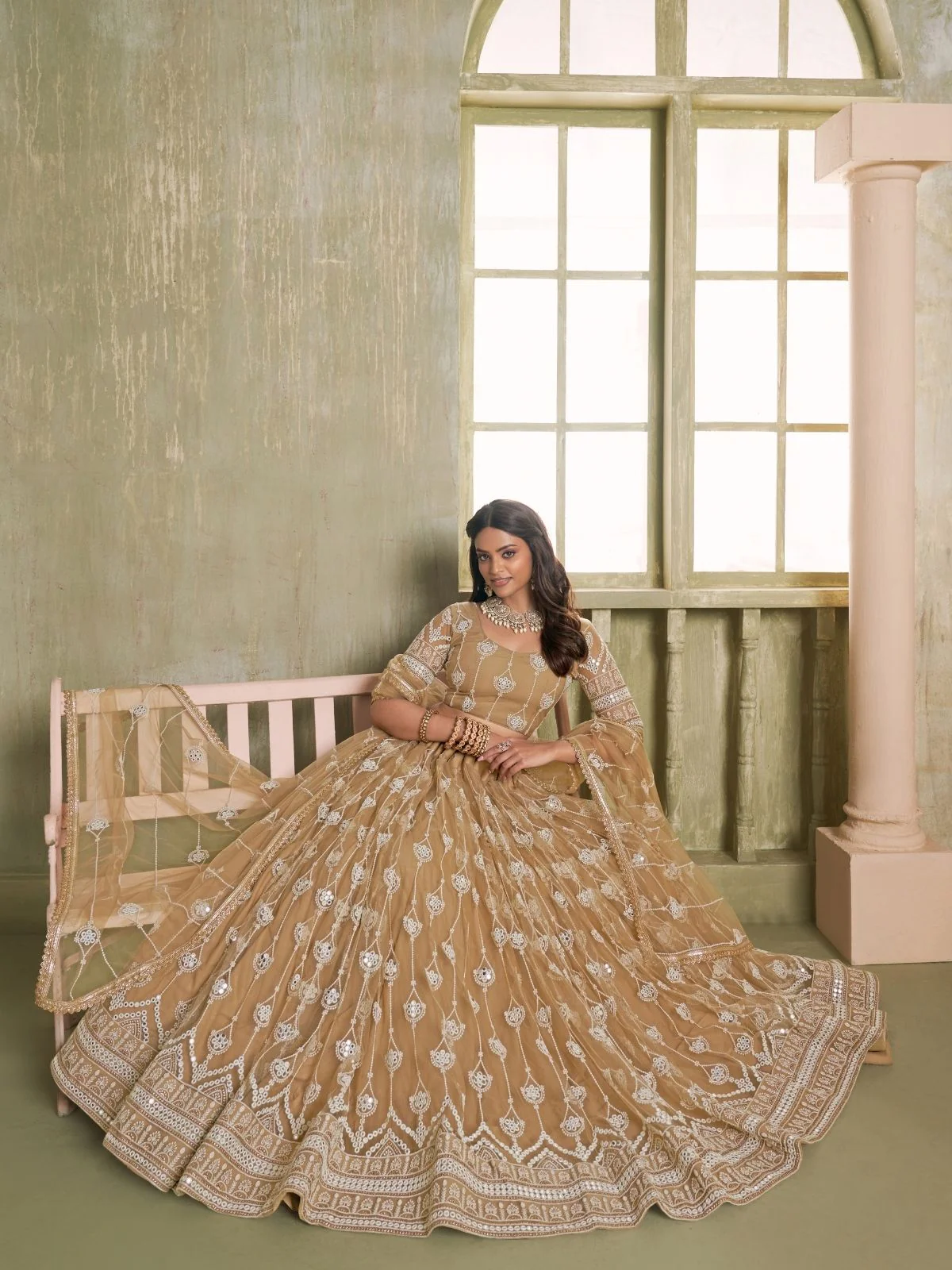 Odette Beige Net Embroidered Semi Stitched Lehenga For Women - Image 4