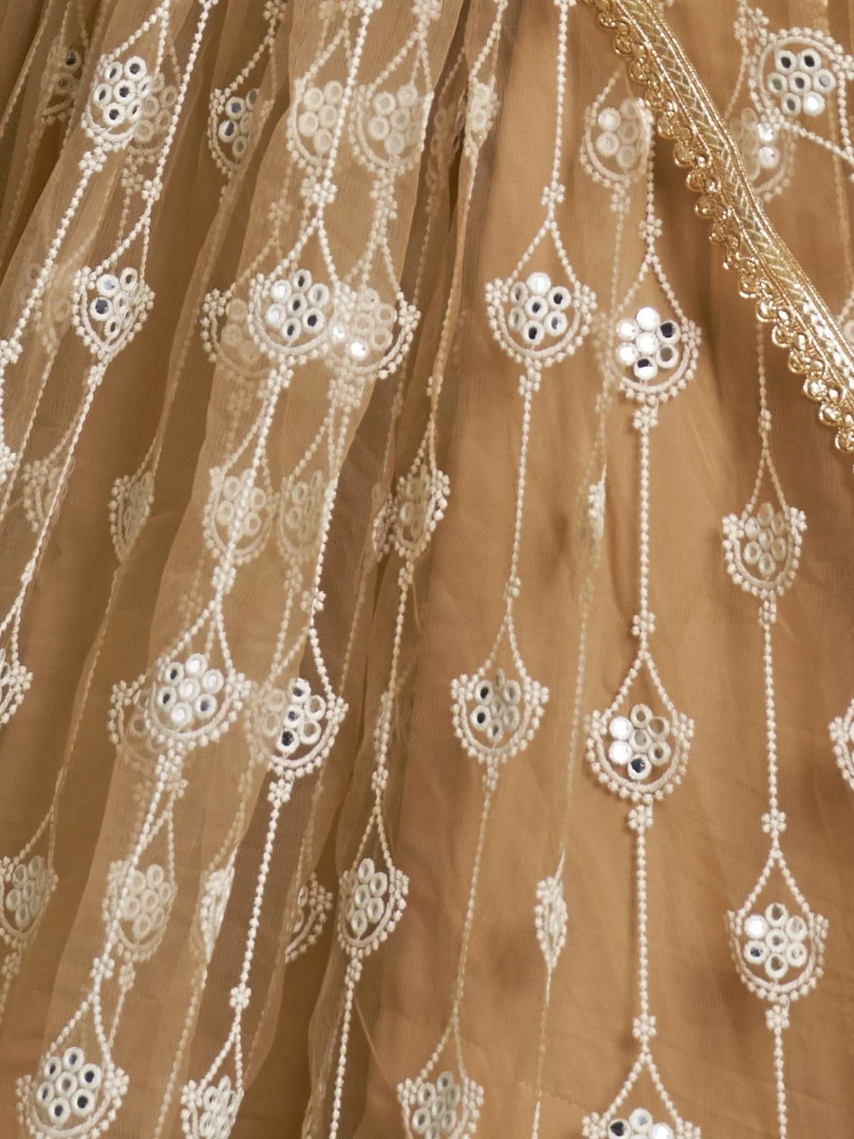 Odette Beige Net Embroidered Semi Stitched Lehenga For Women - Image 5