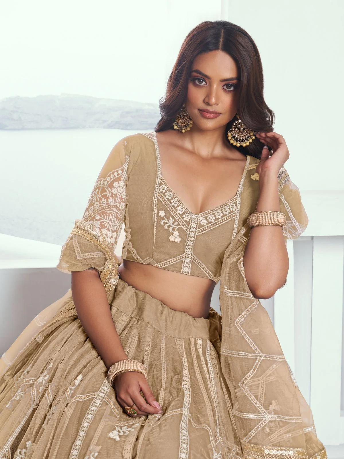 Odette Beige Net Embroidered Semi Stitched Lehenga For Women - Image 2
