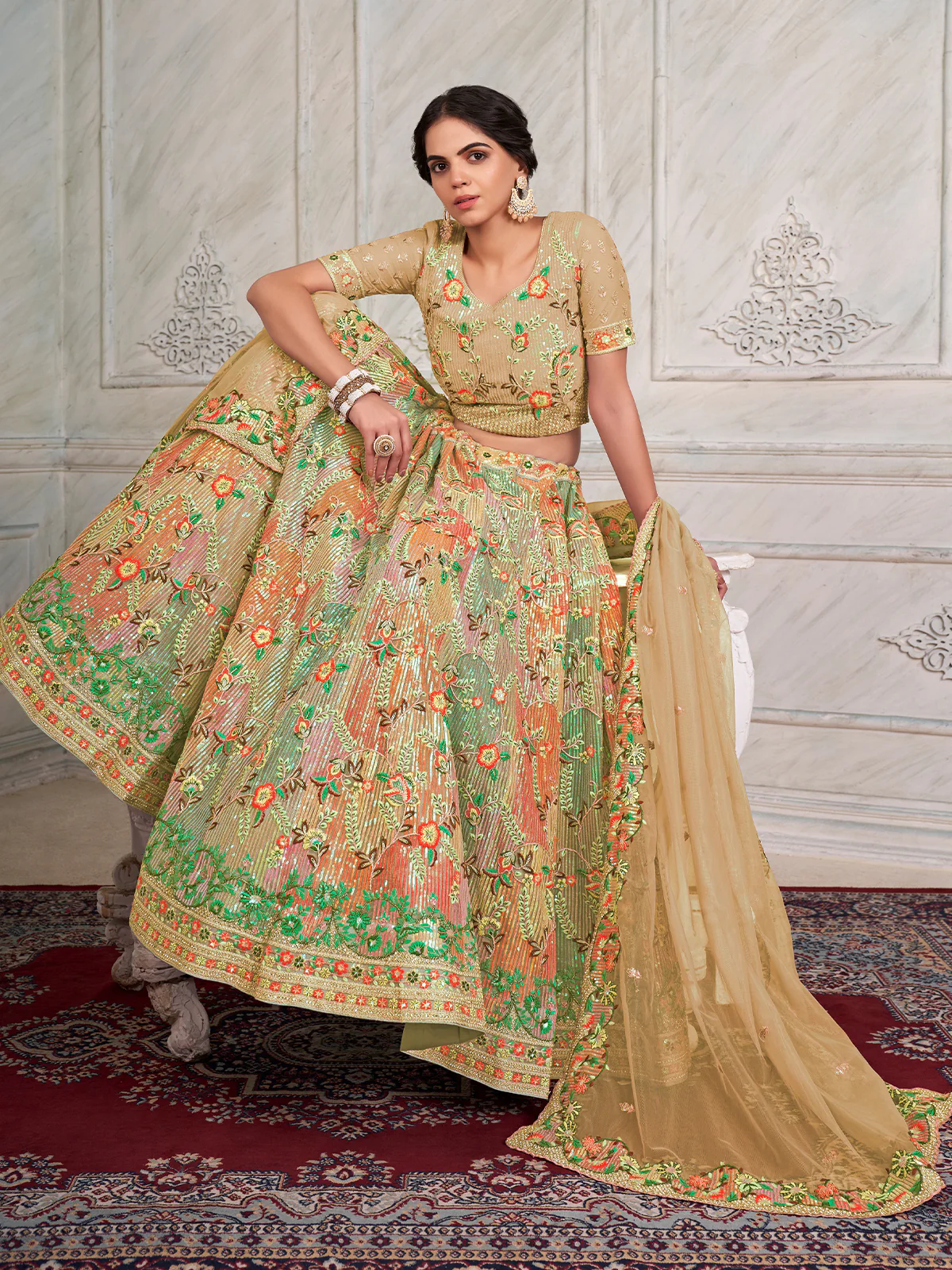 Odette Beige Net Embroidered Semi Stitched Lehenga With Unstitched Blouse for Women - Image 2