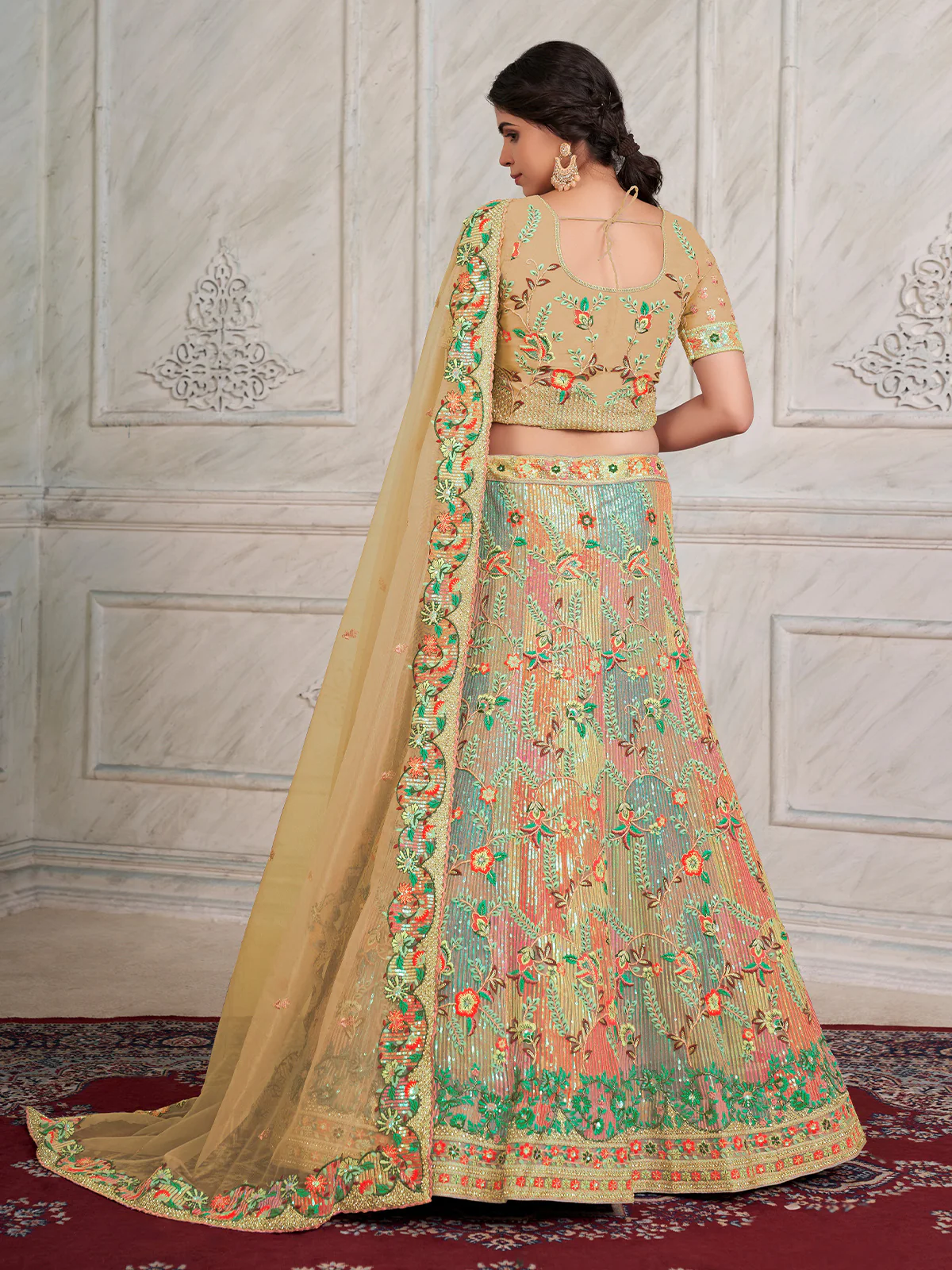 Odette Beige Net Embroidered Semi Stitched Lehenga With Unstitched Blouse for Women - Image 4