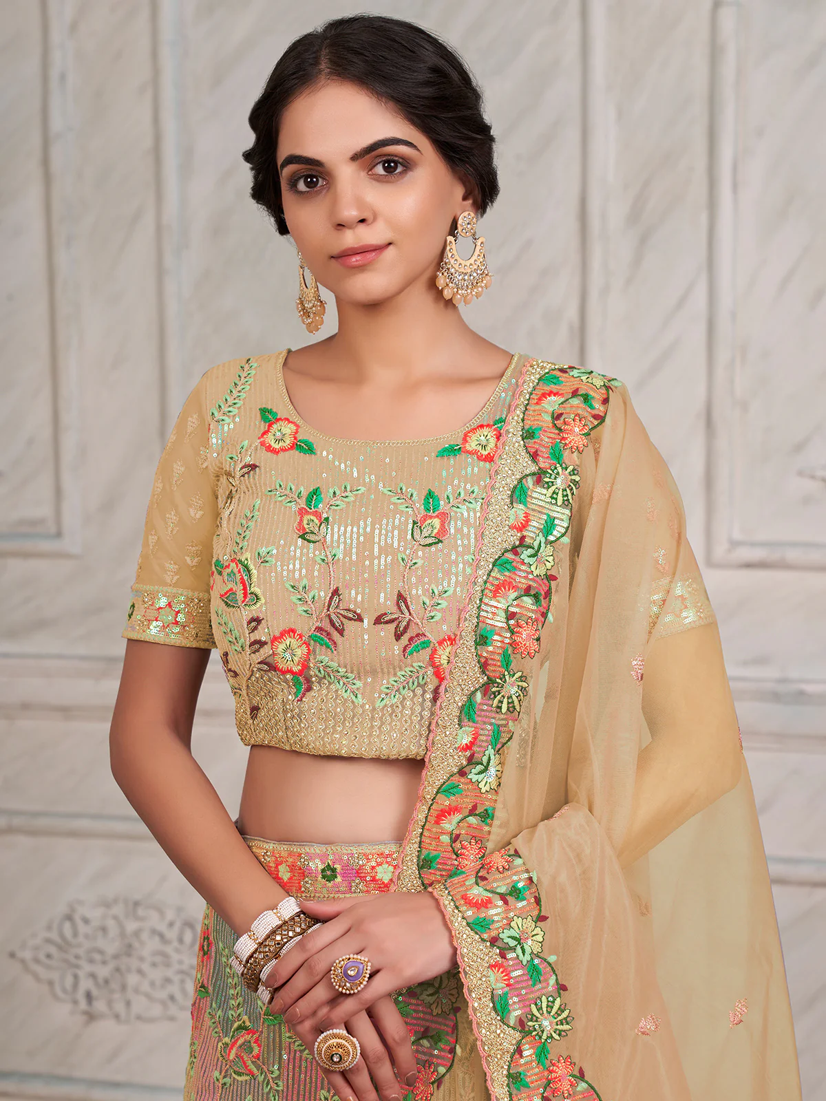 Odette Beige Net Embroidered Semi Stitched Lehenga With Unstitched Blouse for Women - Image 5