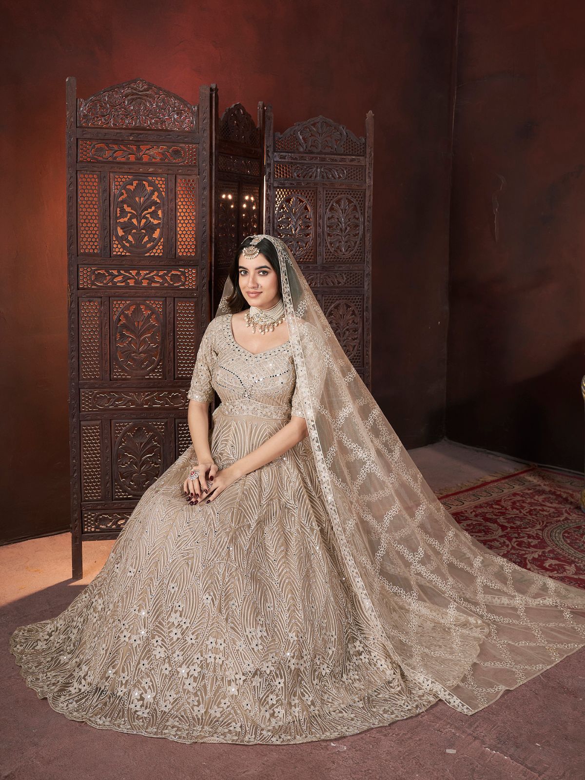 Odette Beige Net Embroidered Stitched Gown For Women - Image 2