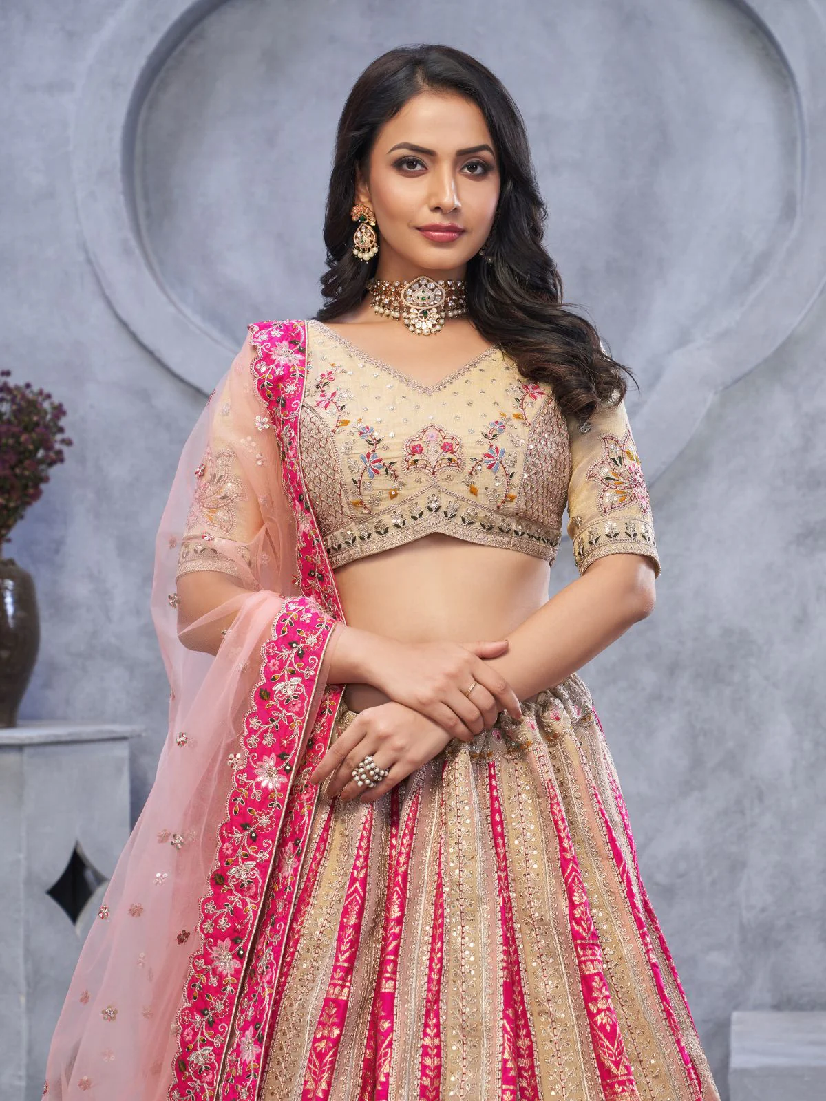 Odette Beige Organza Embellished Semi-Stitched Lehenga With Unstitched Blouse For Women - Image 3