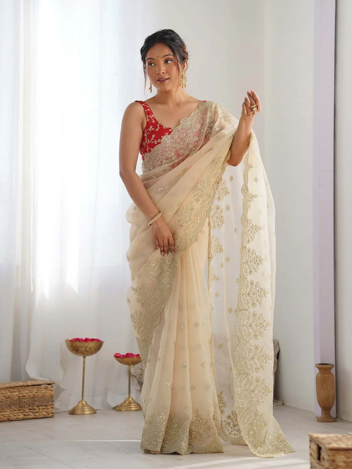 Odette Beige Organza Embellished Solid Saree For Women