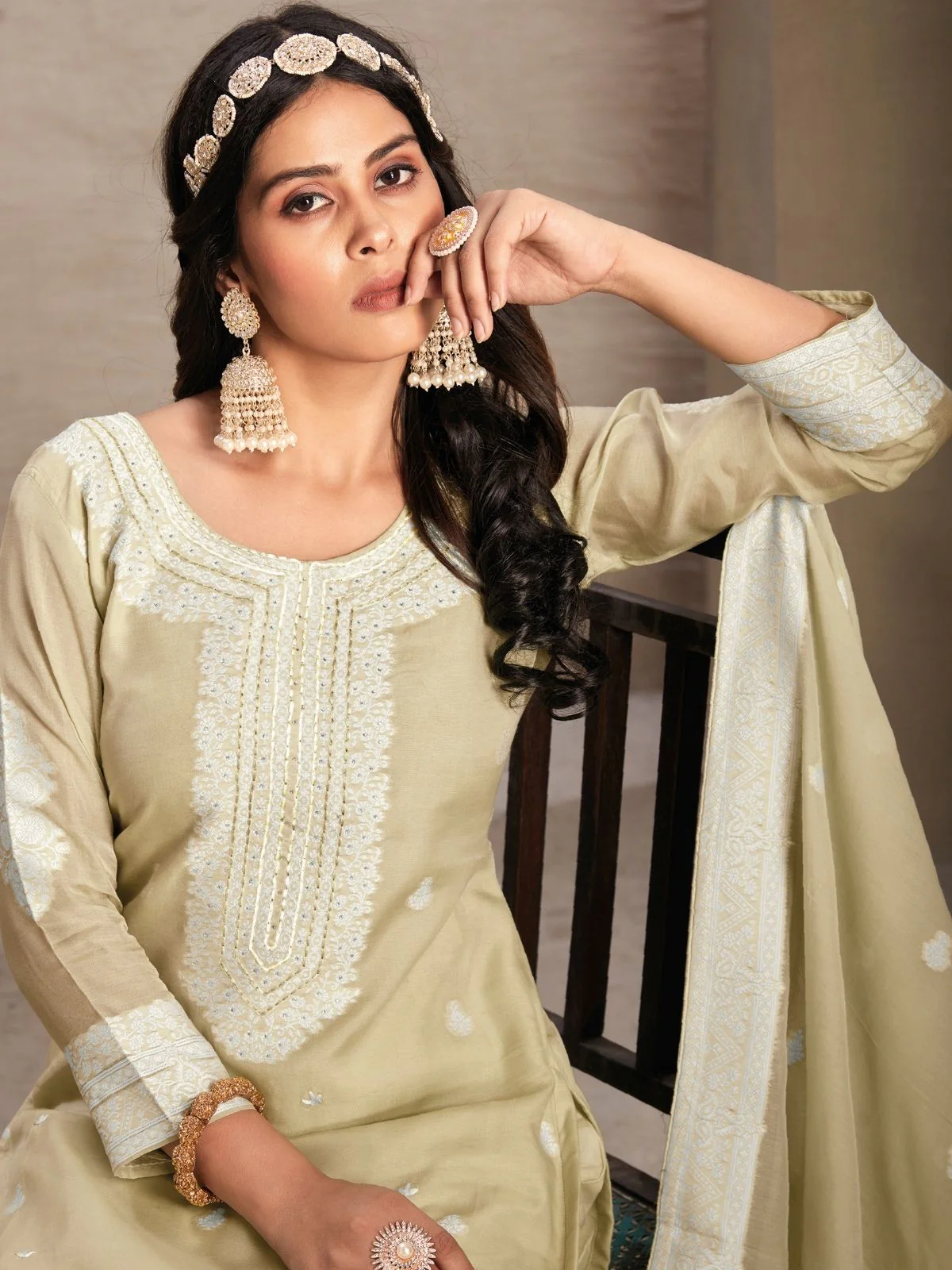 Odette Beige Organza Embroidered Semi-Stitched Kurta Set For Women - Image 2