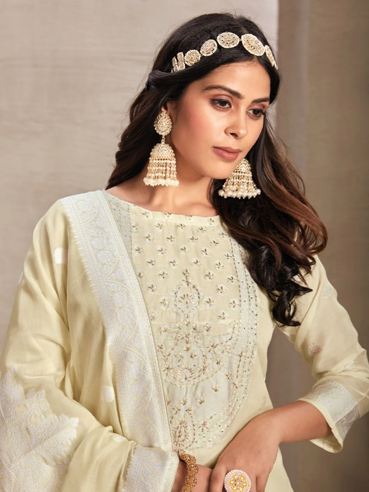 Odette Beige Organza Embroidered Semi-Stitched Kurta Set For Women - Image 2