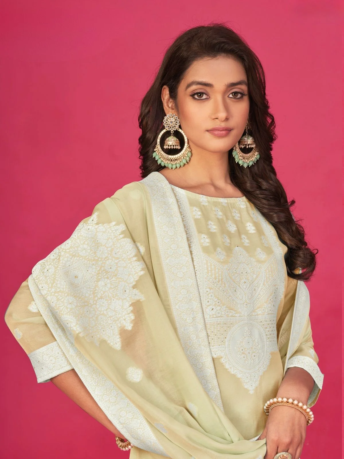 Odette Beige Organza Embroidered Semi-Stitched Kurta Set For Women - Image 2