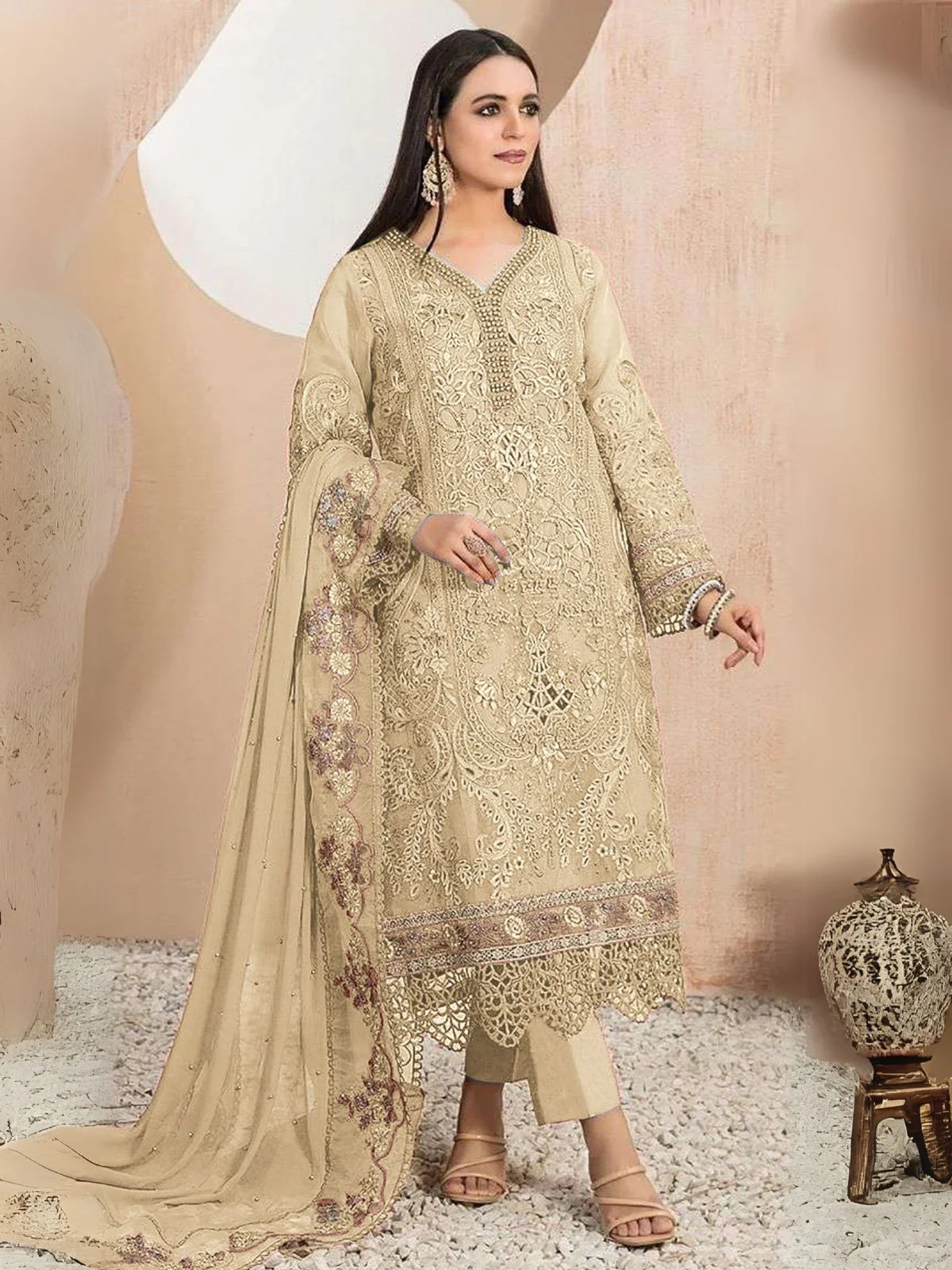 Odette Beige Organza Embroidered Semi-Stitched Kurta Set For Women