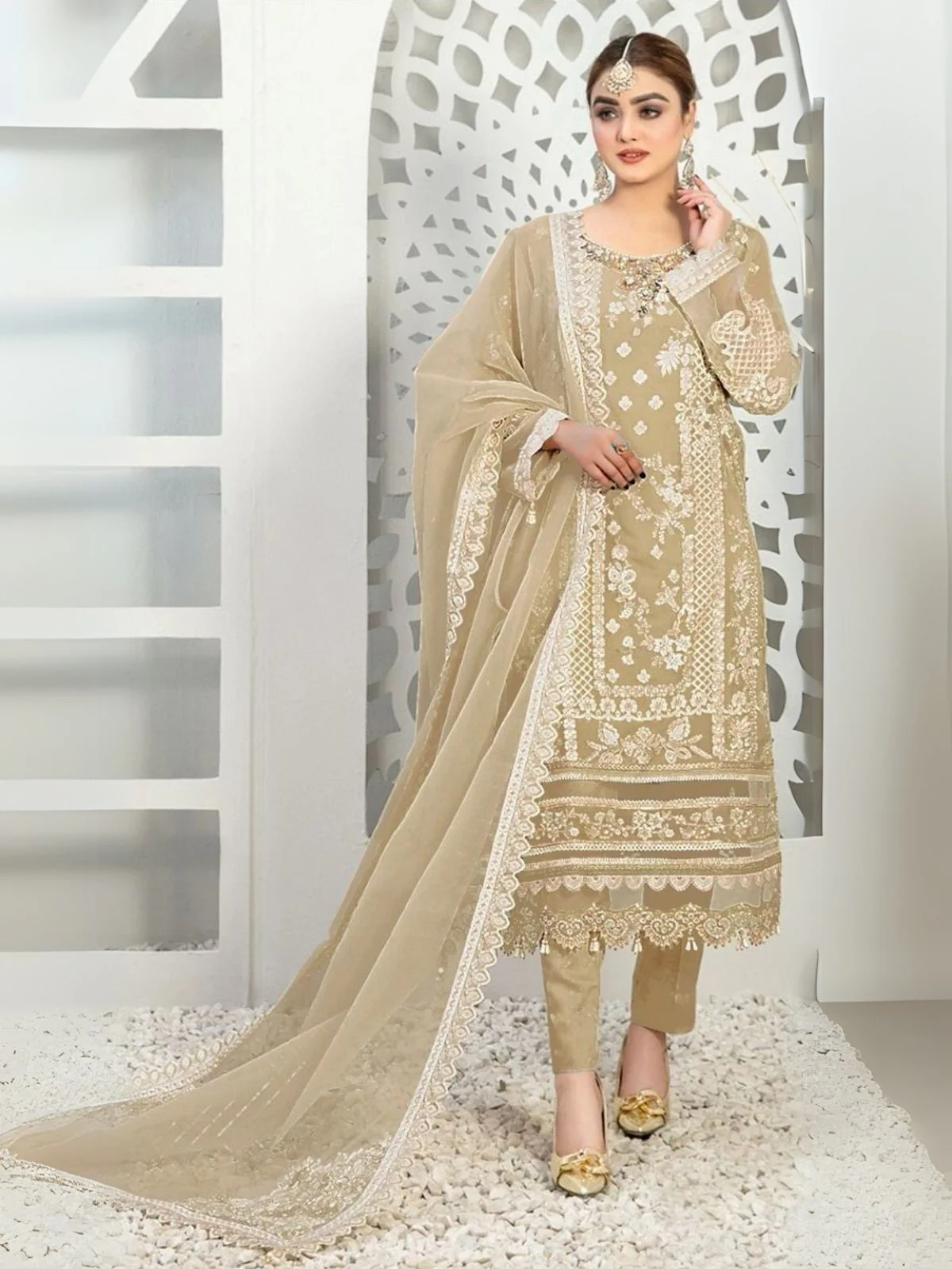 Odette Beige Organza Embroidered Semi-Stitched Kurta Set For Women
