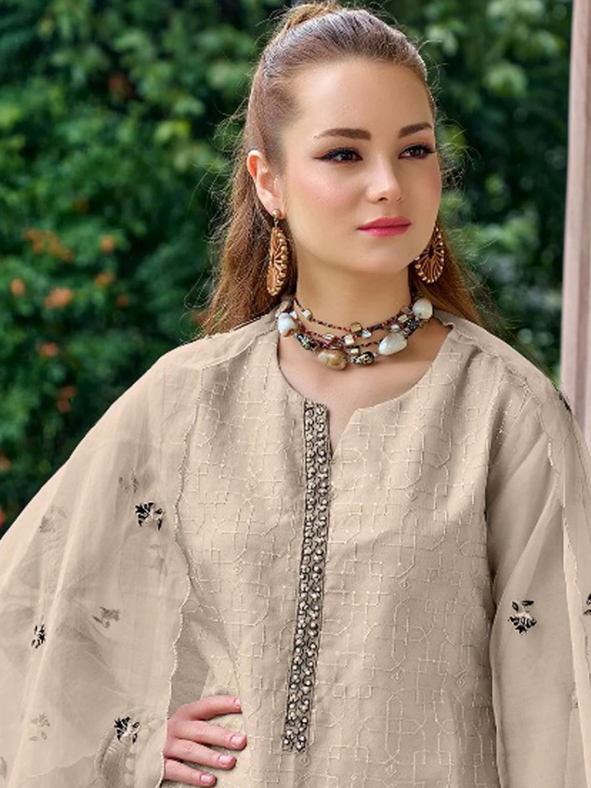 Odette Beige Organza Embroidery Semi-Stitched Kurta Set For Women - Image 2