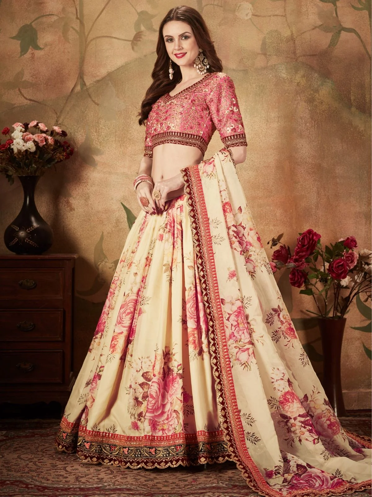 Odette Beige Organza Printed Semi Stitched Lehenga With Unstitched Blouse For Women - Image 3