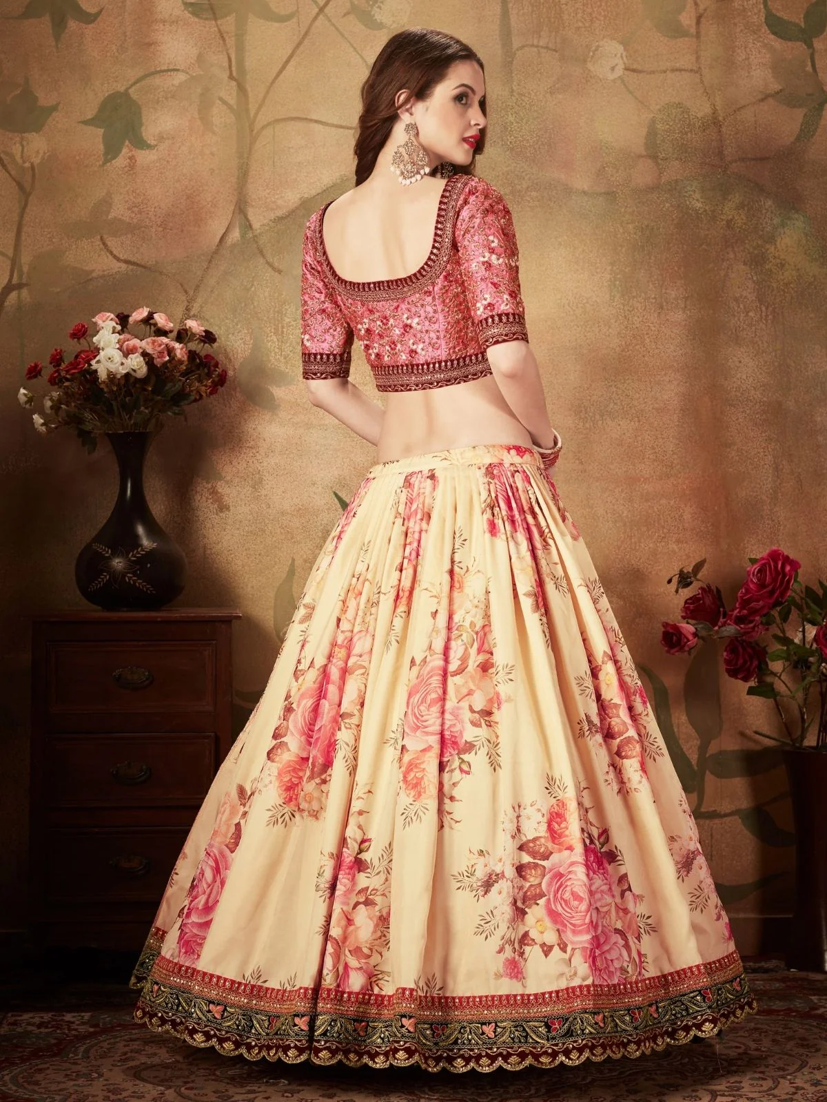 Odette Beige Organza Printed Semi Stitched Lehenga With Unstitched Blouse For Women - Image 4
