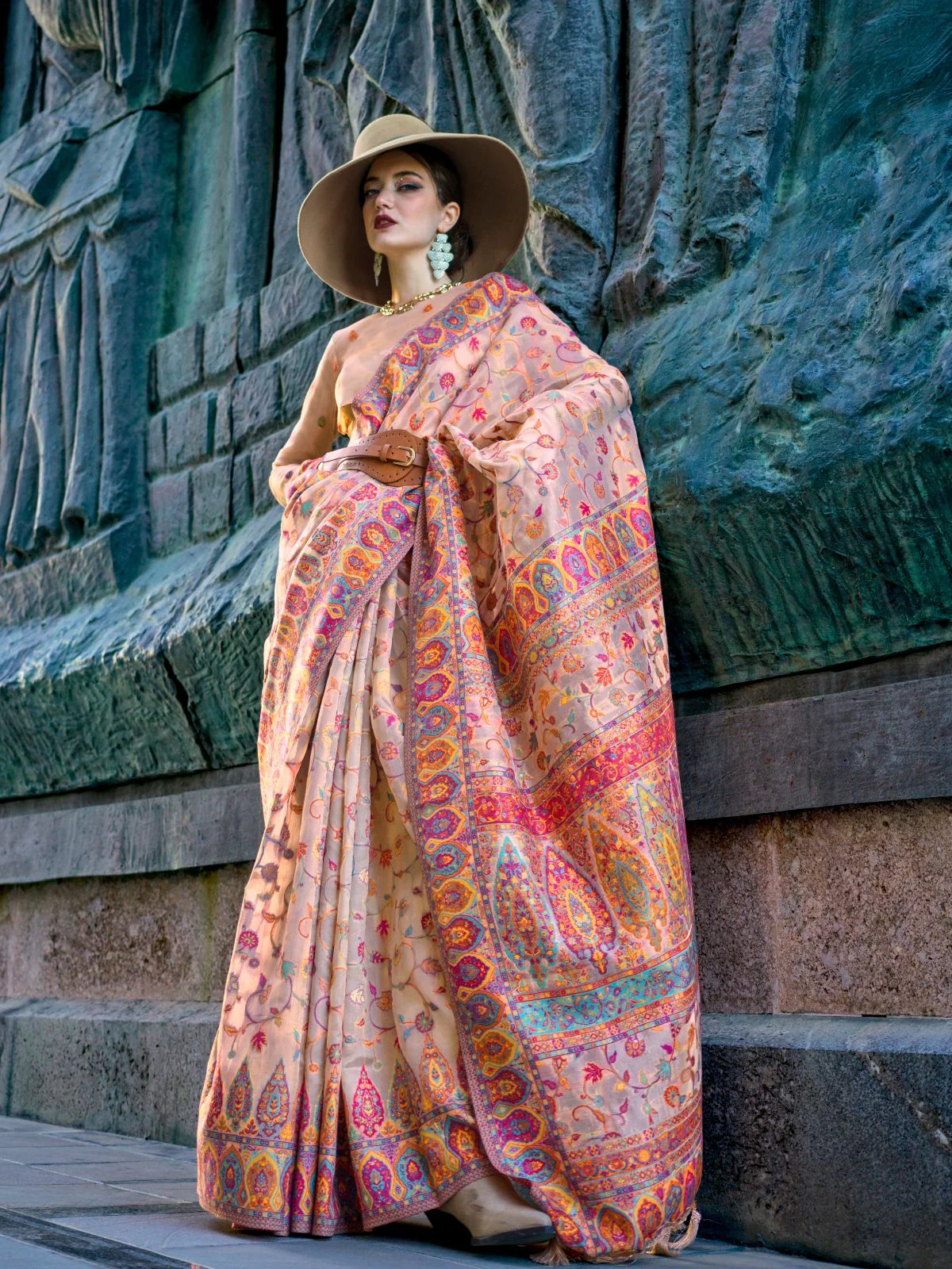 Odette Beige Organza Woven Saree With Unstitched Blouse For Women - Image 2