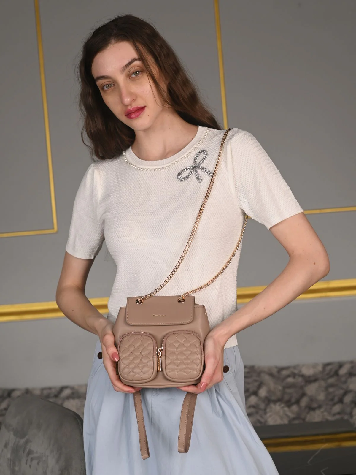 Odette Beige Patterned Satchel Bag For Women
