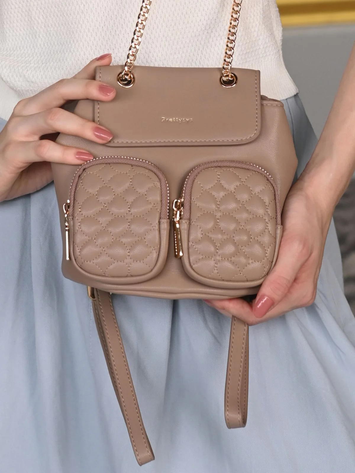 Odette Beige Patterned Satchel Bag For Women - Image 3