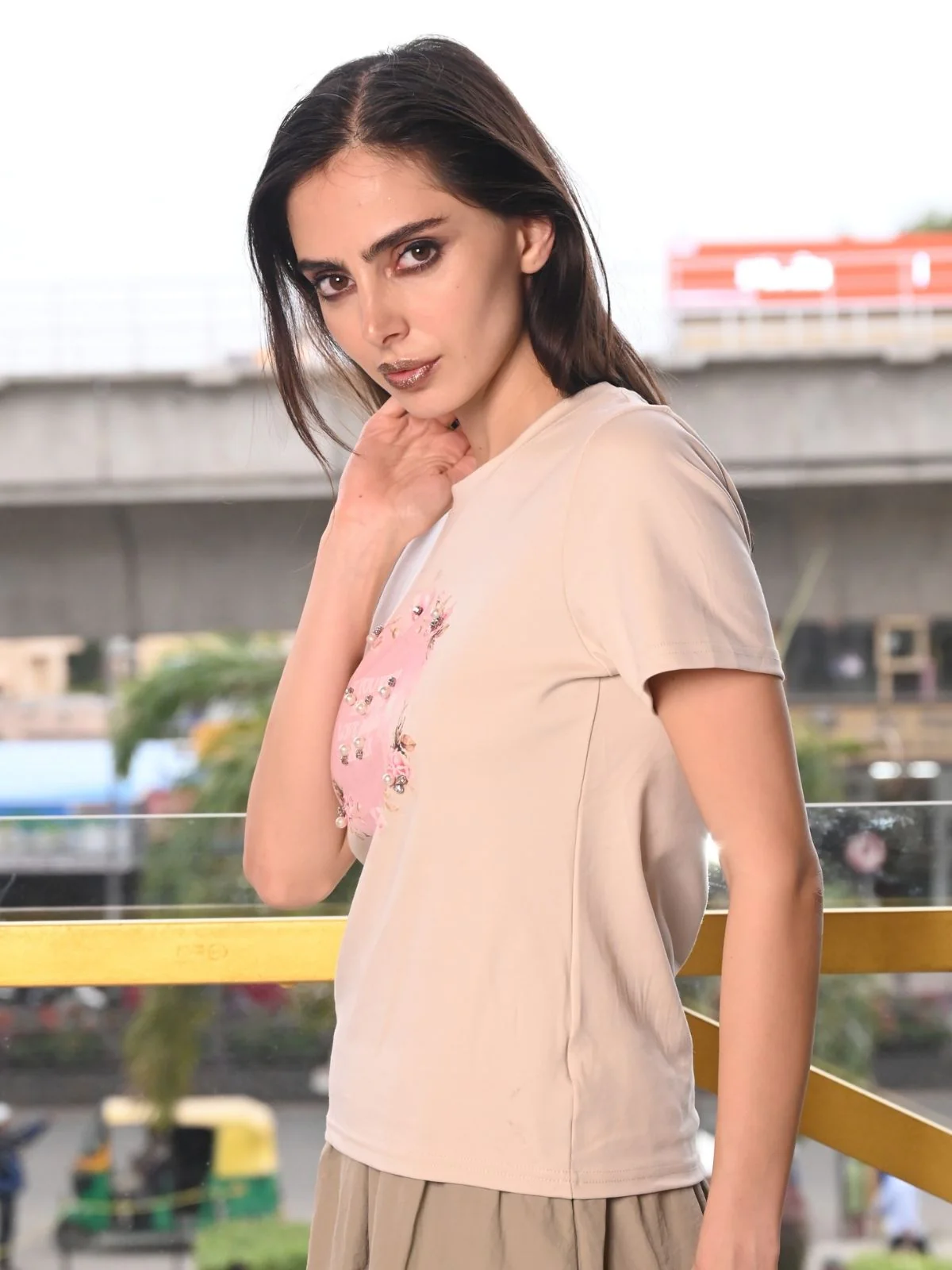 Odette Beige Polyester Jersey Printed T-Shirt For Women - Image 3