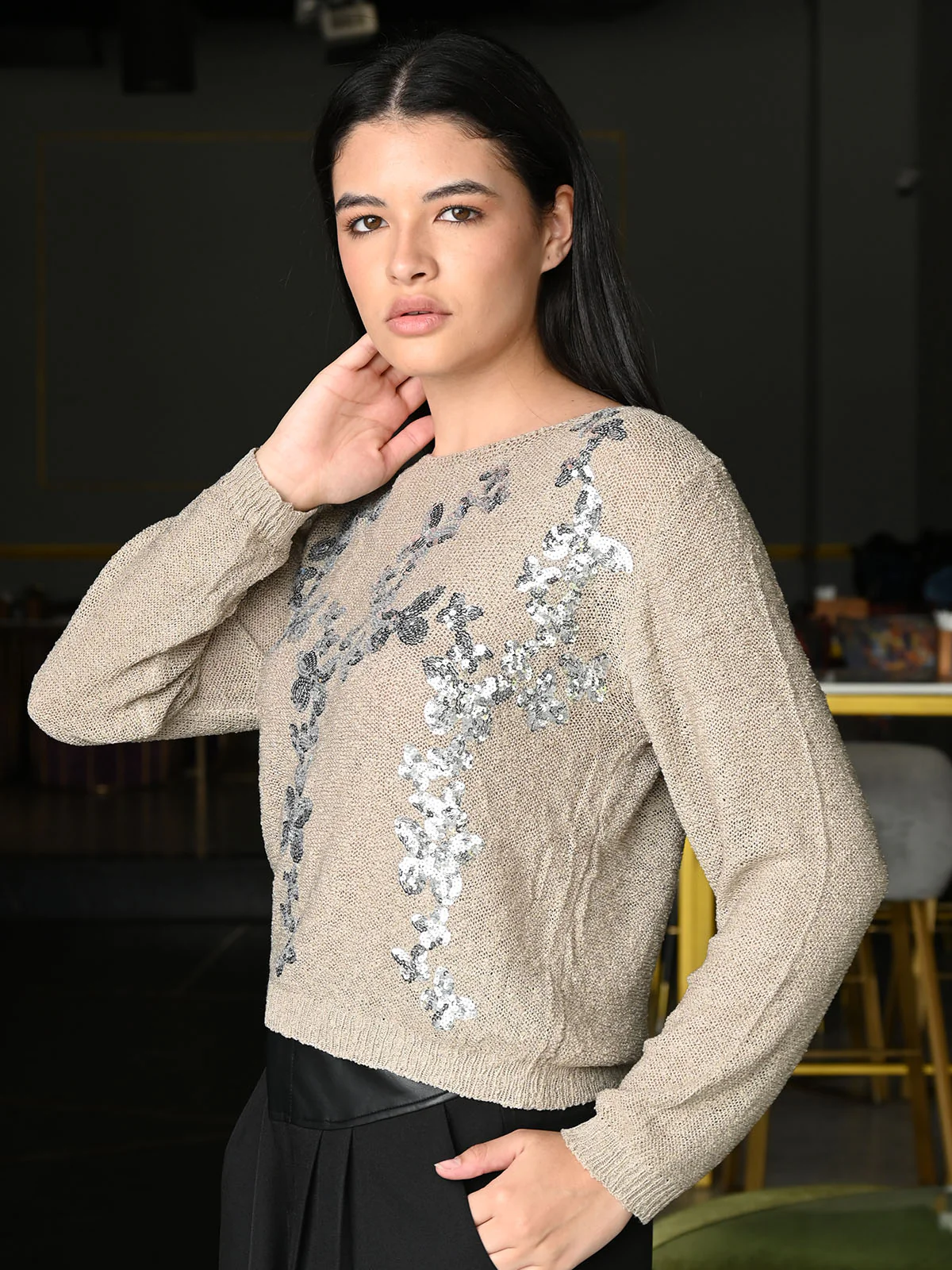 Odette Beige Polyester Mesh Embellished Top For Women - Image 4