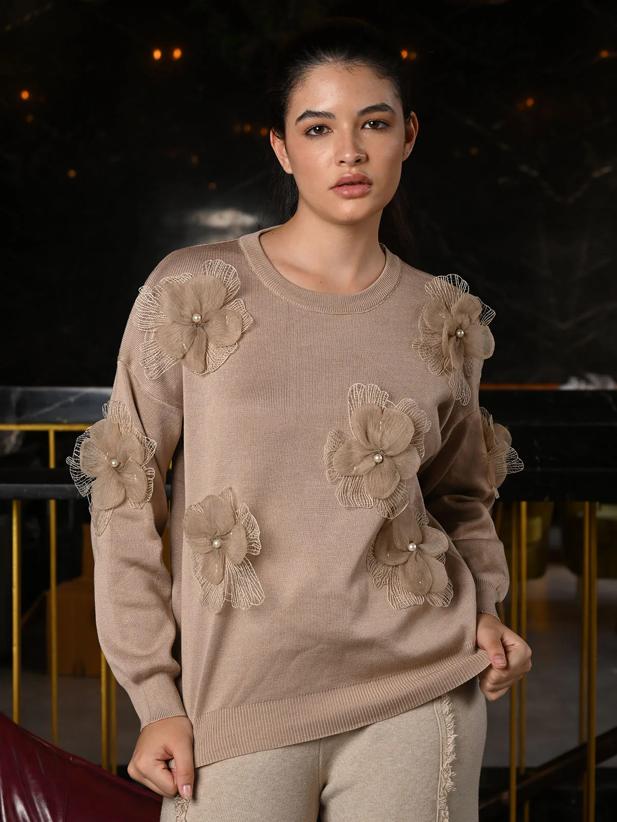 Odette Beige Polyester Rib Knitted Sweater Top For Women - Image 2