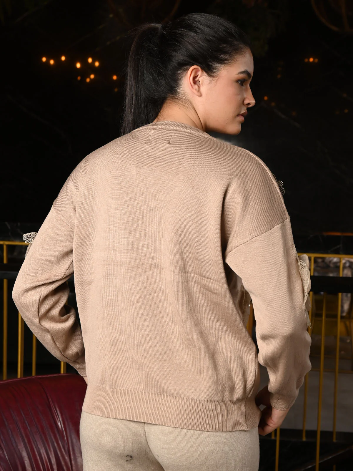 Odette Beige Polyester Rib Knitted Sweater Top For Women - Image 4