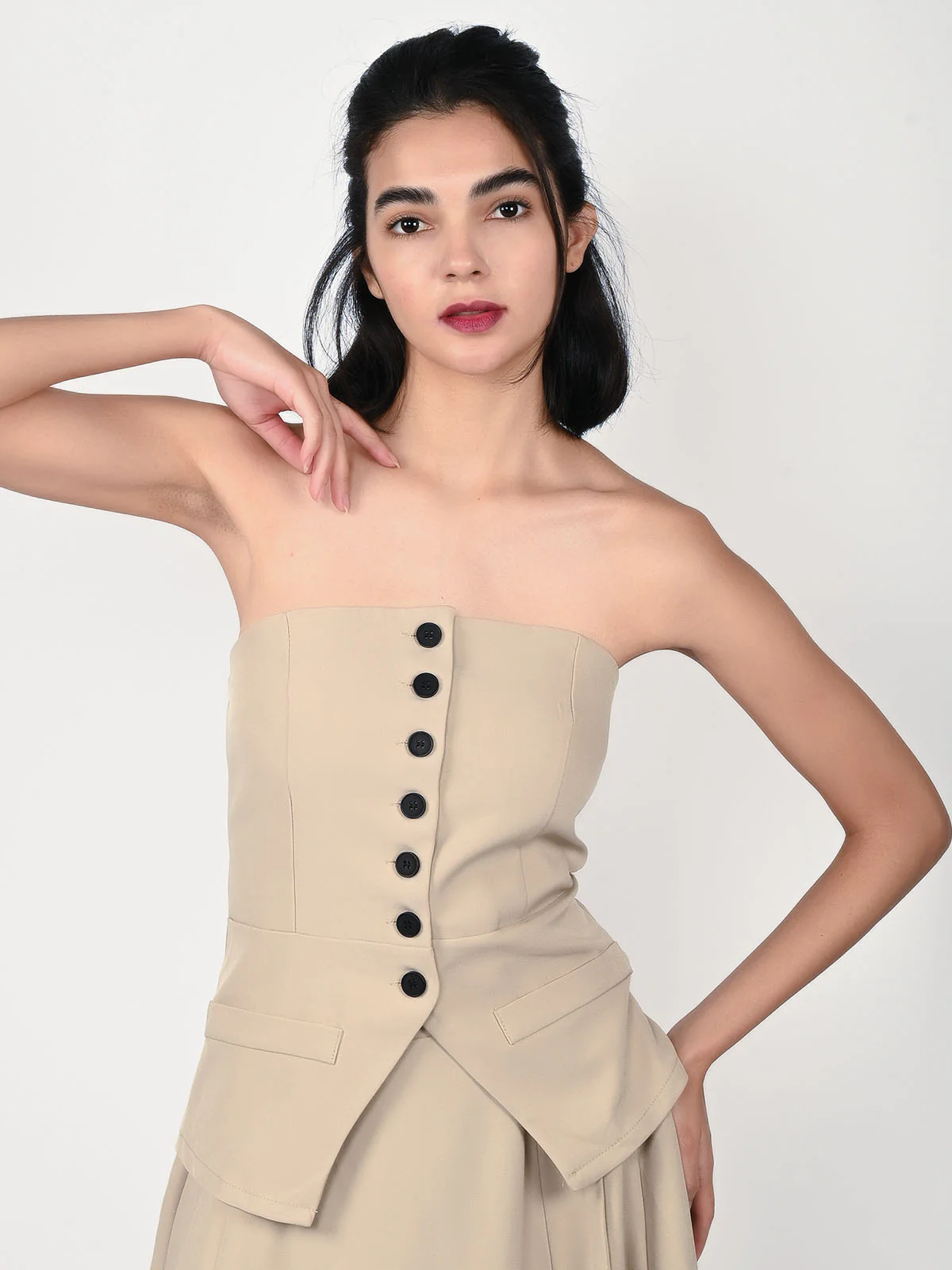 Odette Beige Polyester Suiting Solid Co-ord set For Women - Image 5
