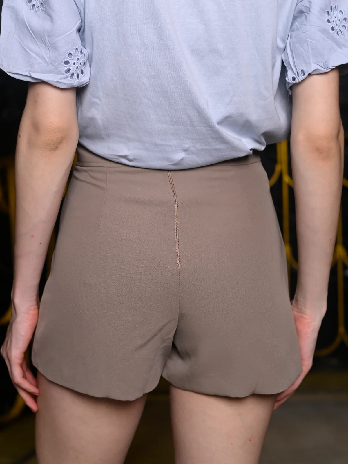 Odette Beige Polyester Suede Solid Shorts For Women - Image 5