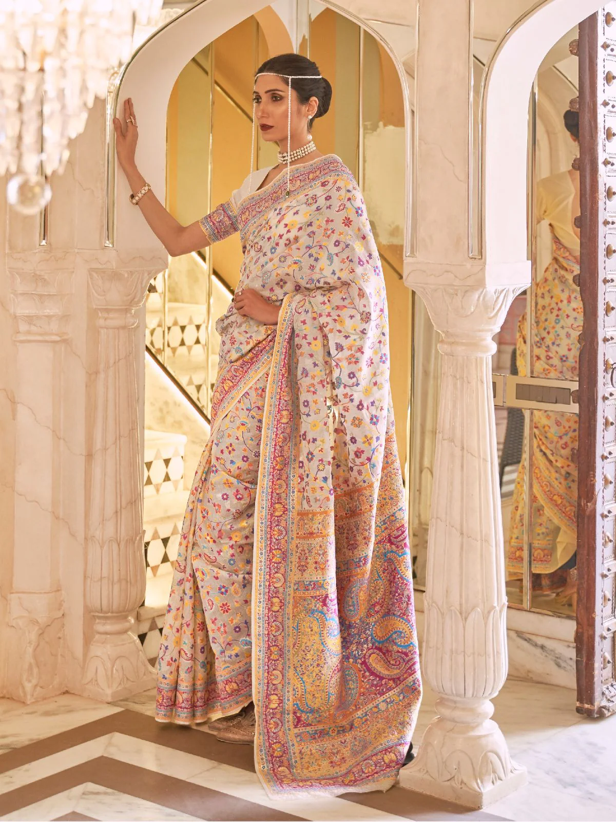 Odette Beige Woven Silk Blend Saree With Unstitched Blouse For Women