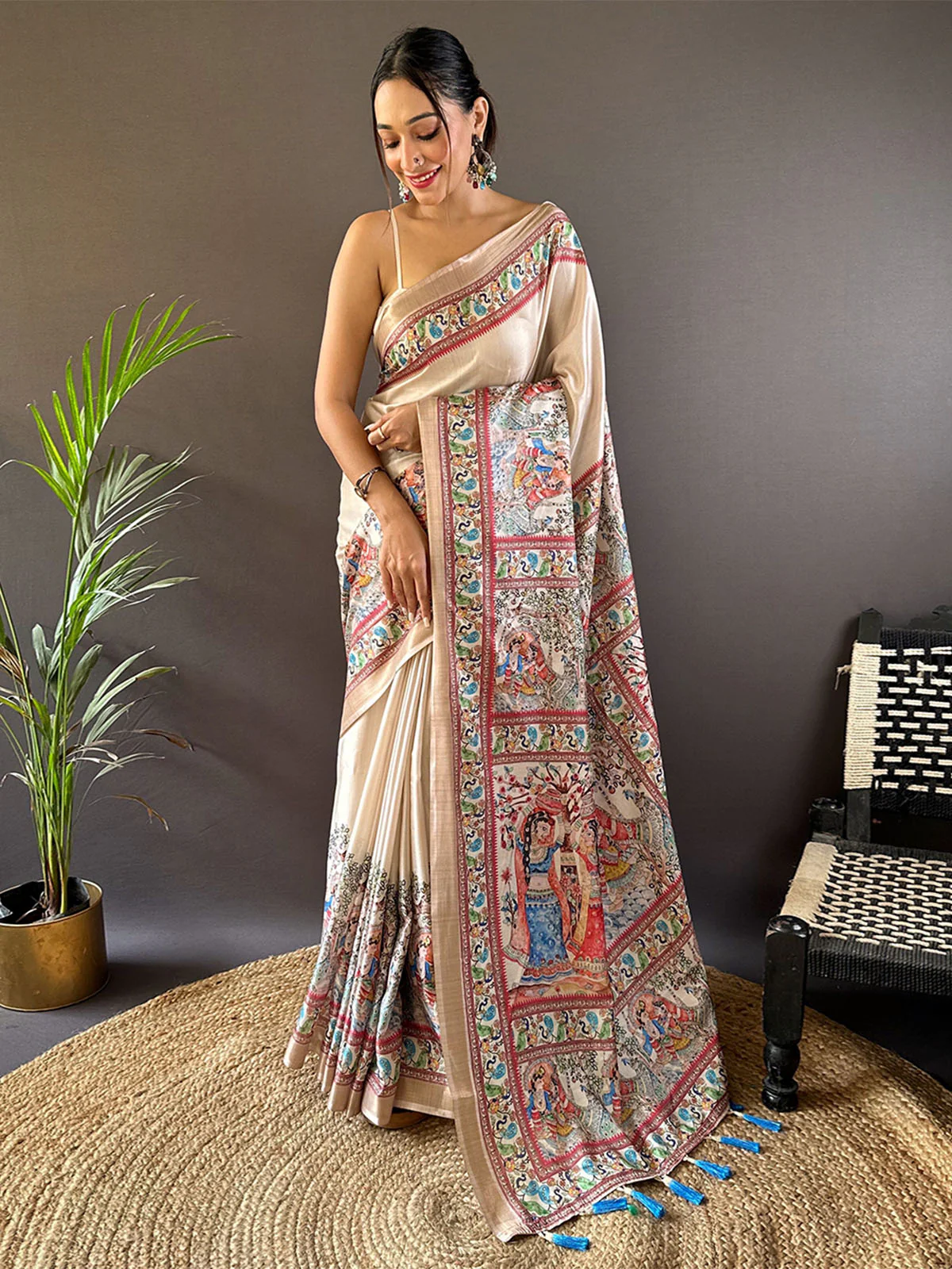 Odette Beige Printed Silk Blend Saree With Unstitched Blouse For Women