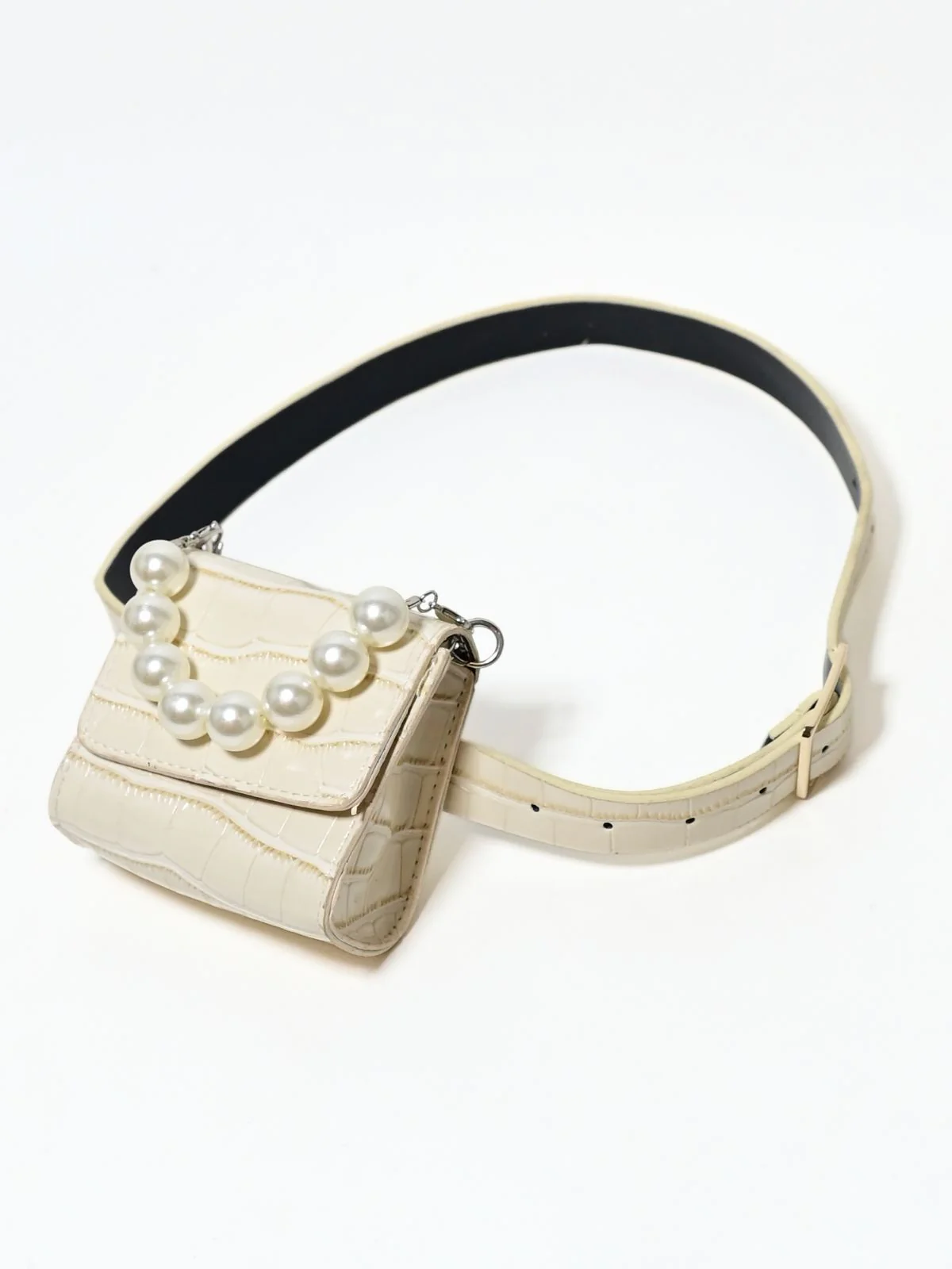 Odette Beige PU Pearl Belt Bag For Women - Image 3