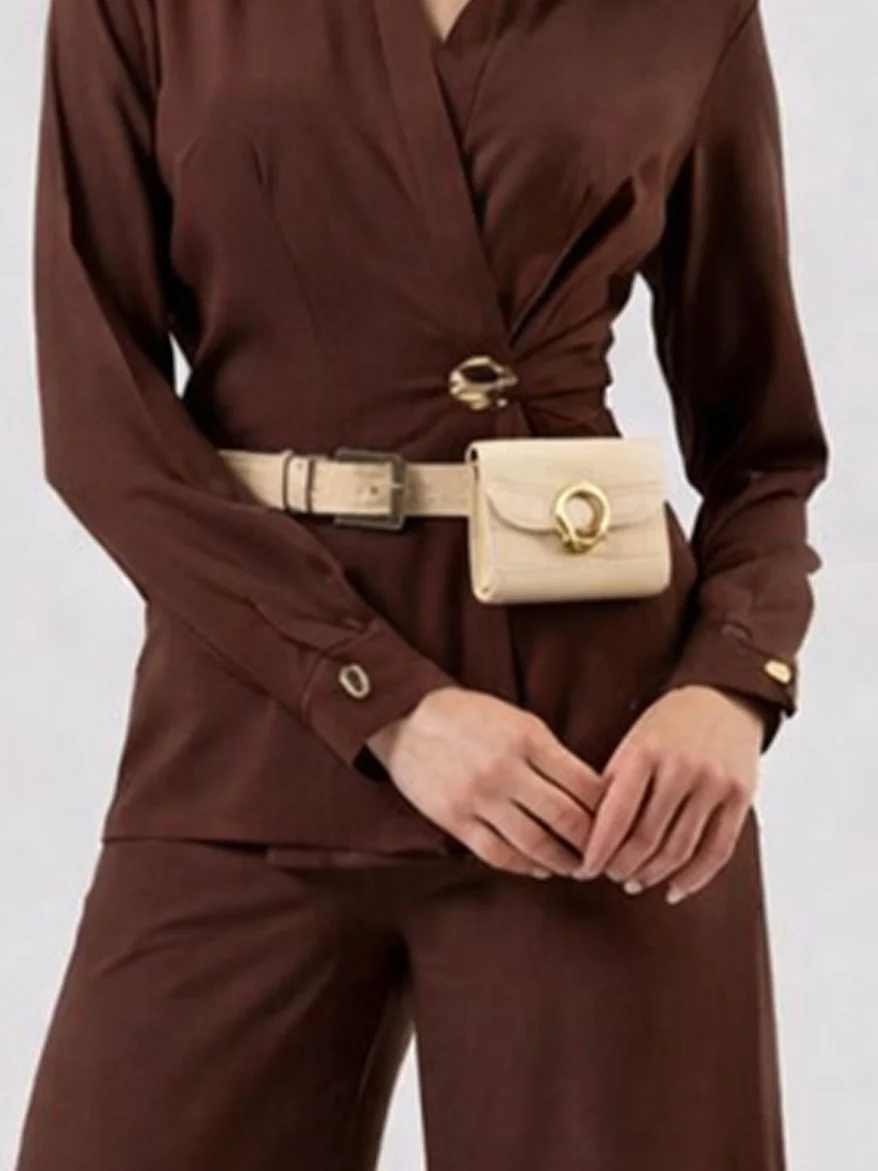 Odette Beige PU Self Design Belt Bag For Women - Image 7