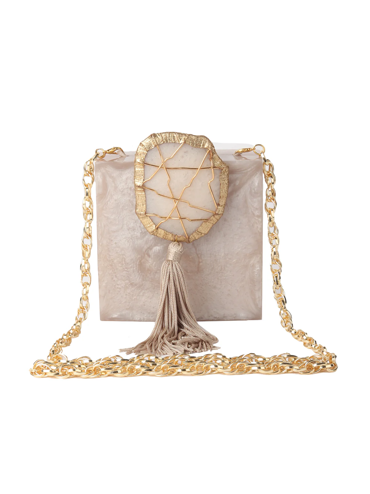 Odette Beige Resin Embellished Clutch For Women - Image 3