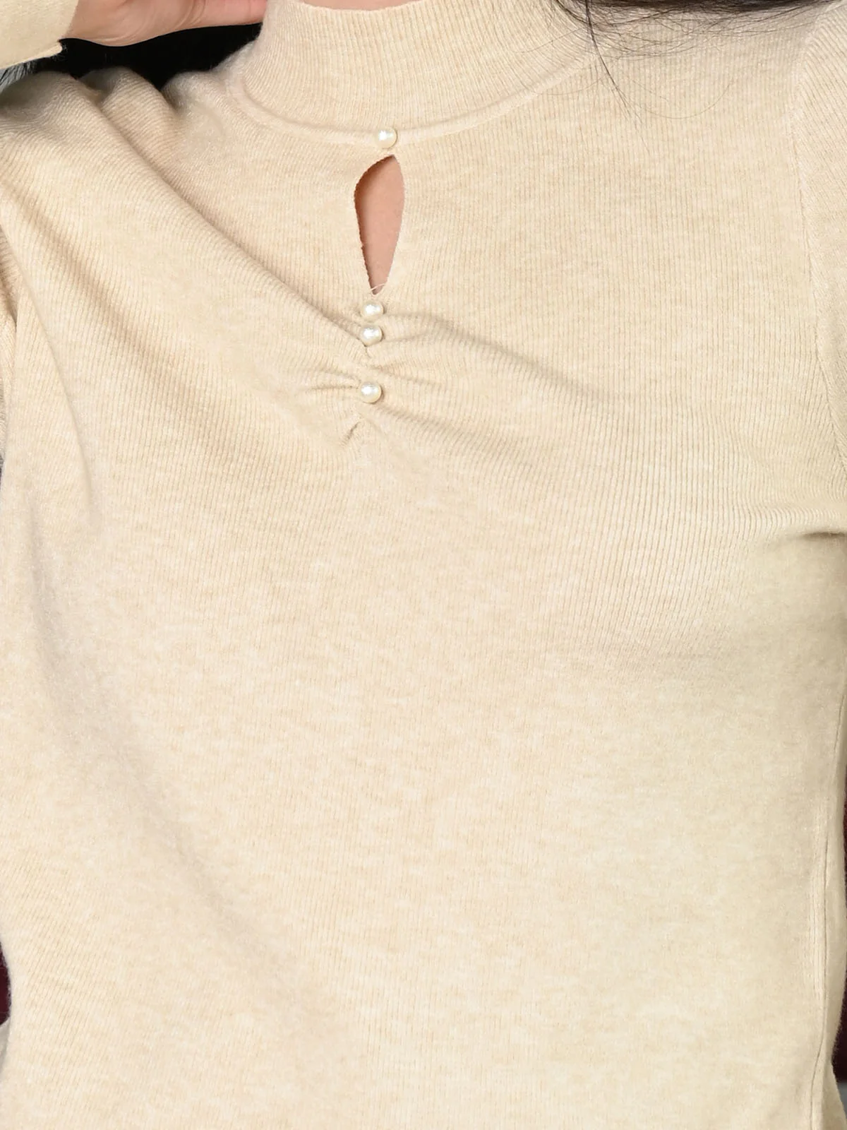 Odette Beige Ribbed Cotton Patterned Top For Women - Image 6
