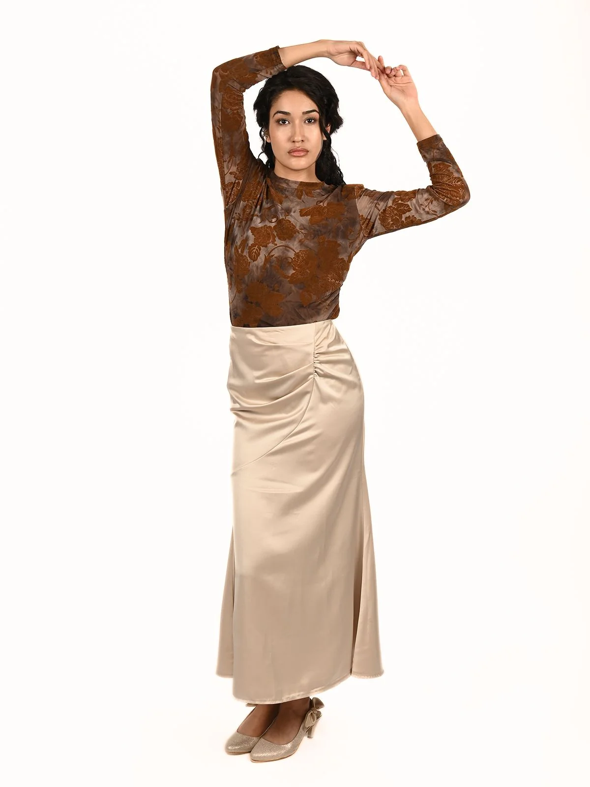 Odette Beige Satin Fit And Flared Skirt For Women - Image 4
