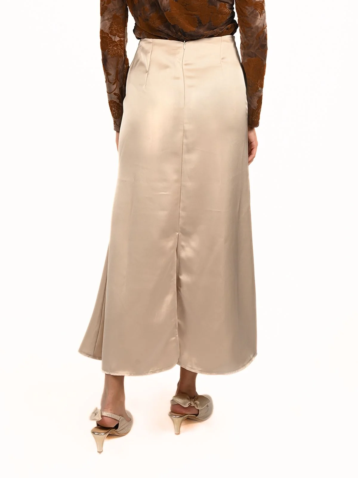 Odette Beige Satin Fit And Flared Skirt For Women - Image 5