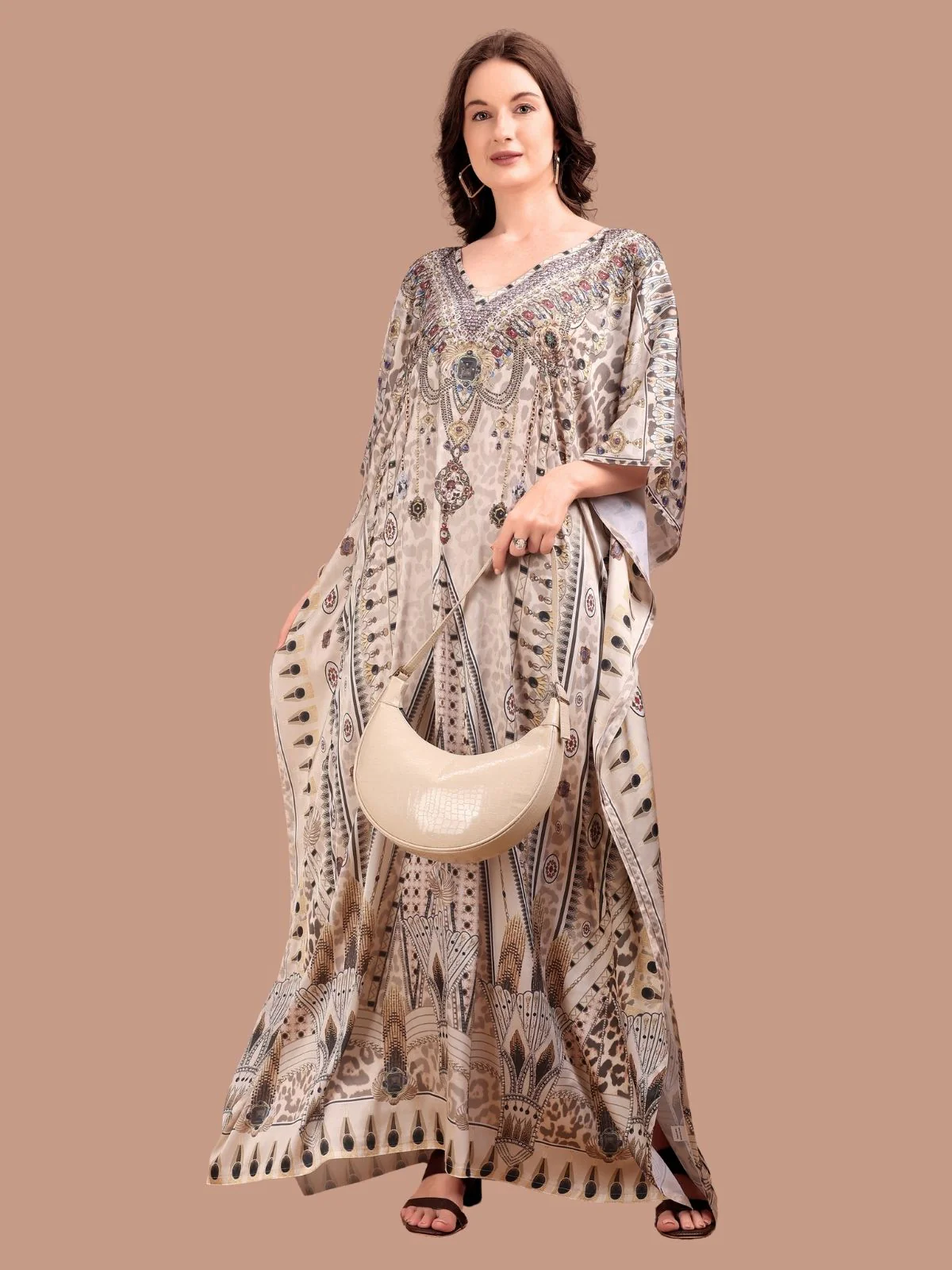 Odette Beige Satin Printed Kaftan For Women