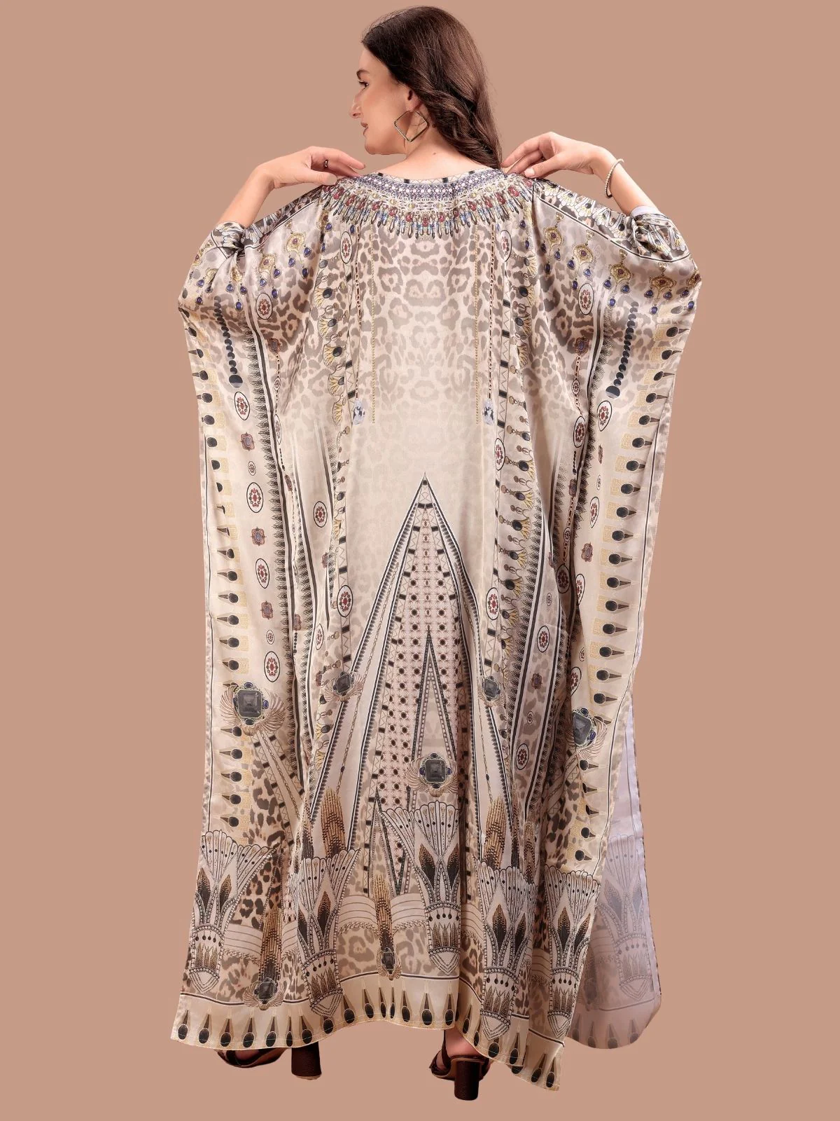 Odette Beige Satin Printed Kaftan For Women - Image 3