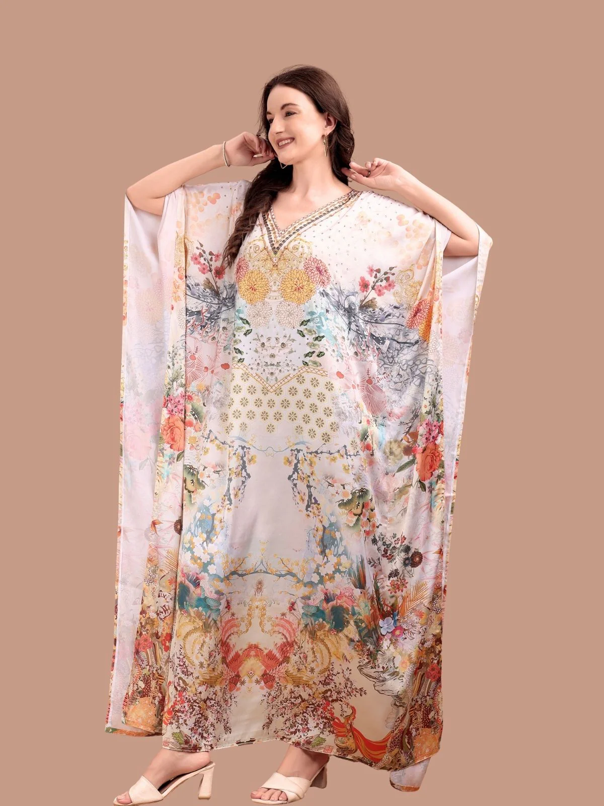 Odette Beige Satin Printed Kaftan For Women