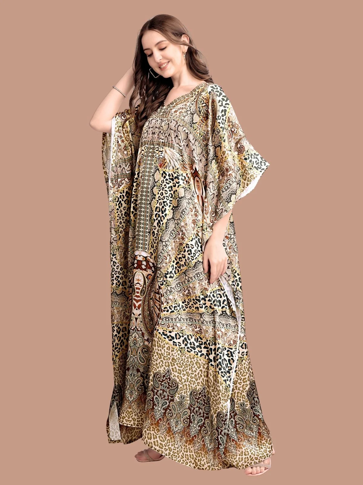 Odette Beige Satin Printed Kaftan For Women