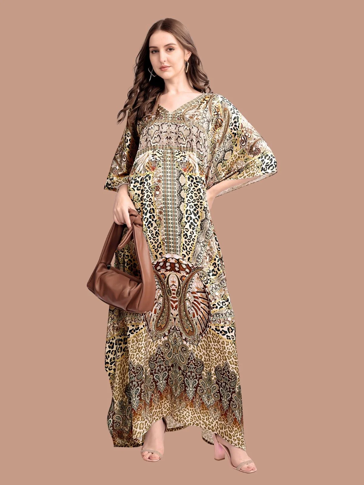 Odette Beige Satin Printed Kaftan For Women - Image 2