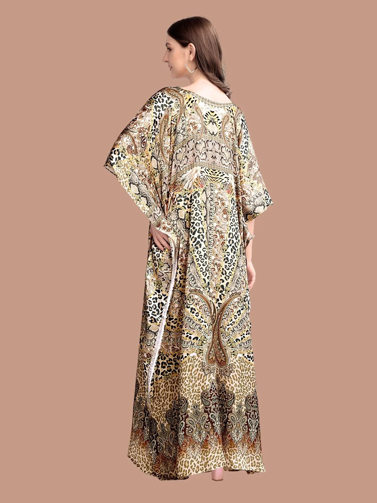 Odette Beige Satin Printed Kaftan For Women - Image 3