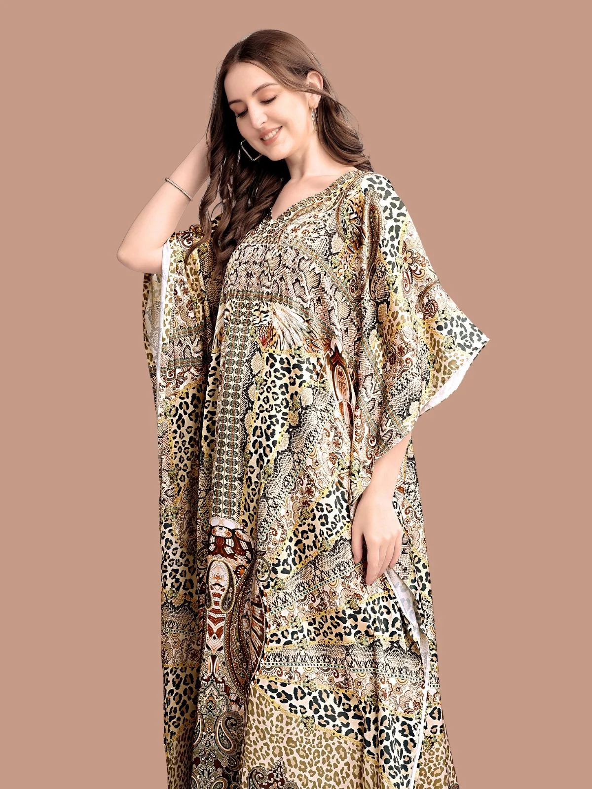 Odette Beige Satin Printed Kaftan For Women - Image 4