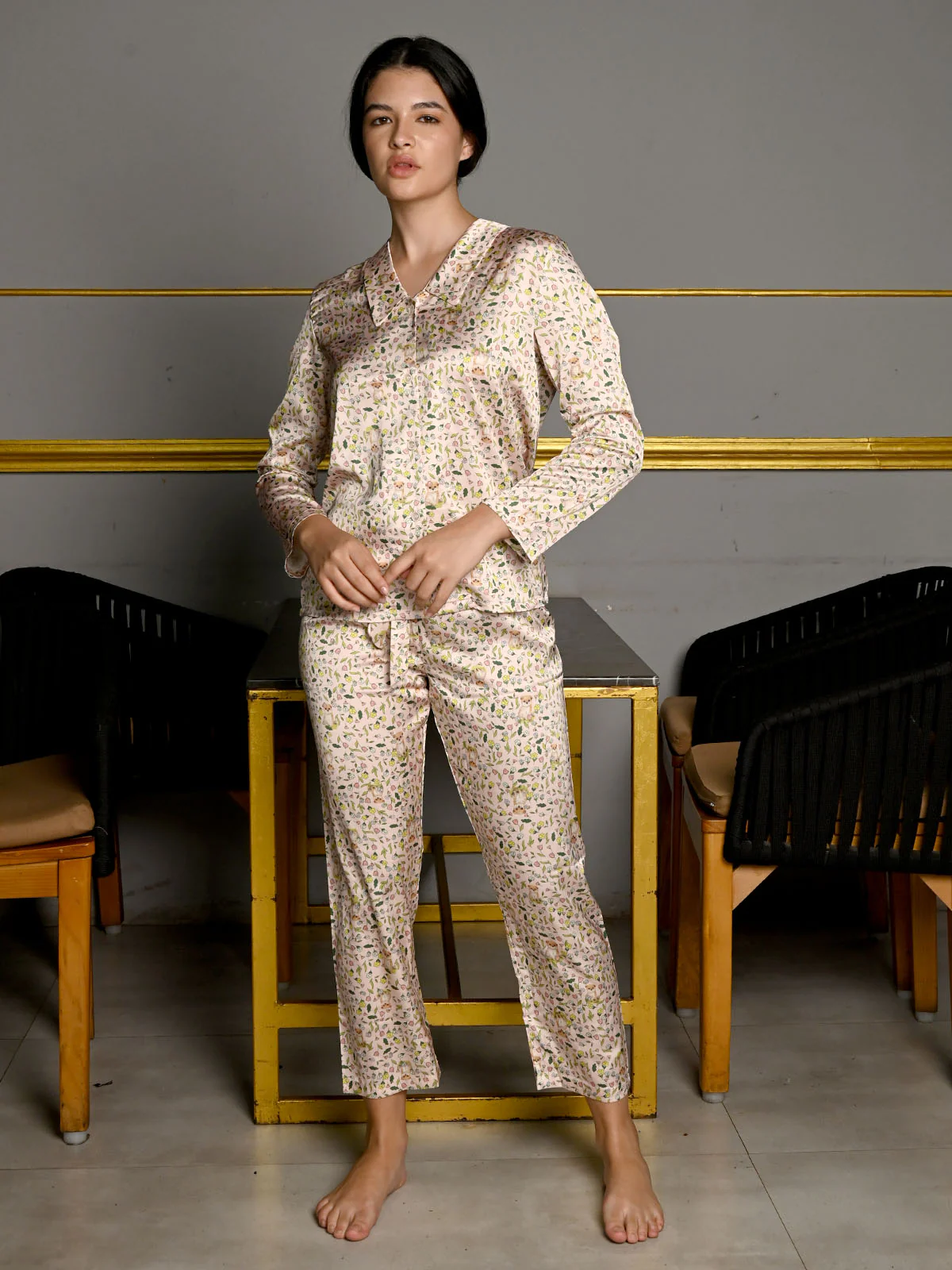 Odette Beige Satin Printed Night Wear Set For Women